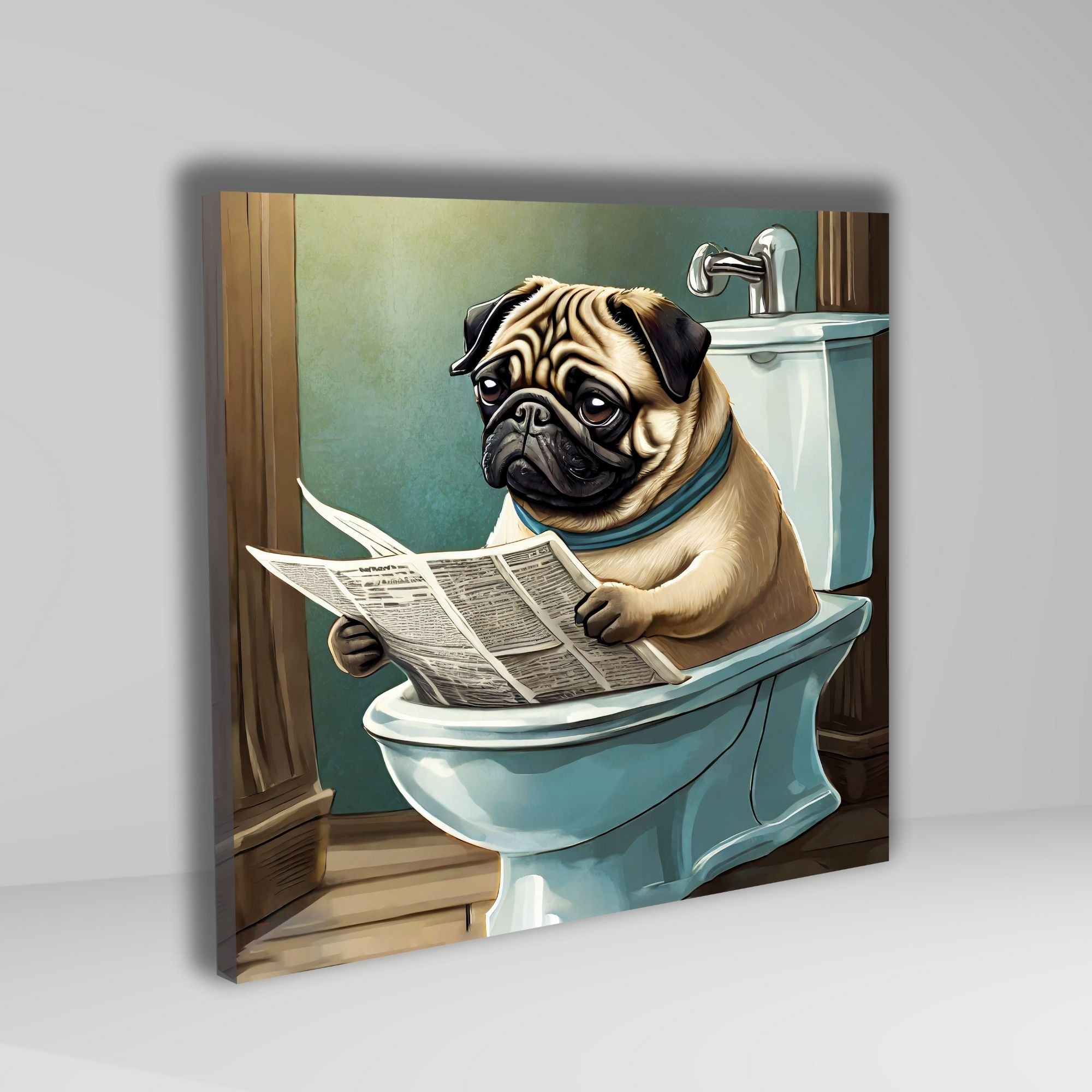 Tekli Kare Kanvas Banyo Tablosu Gazete Okuyan Pug Köpek