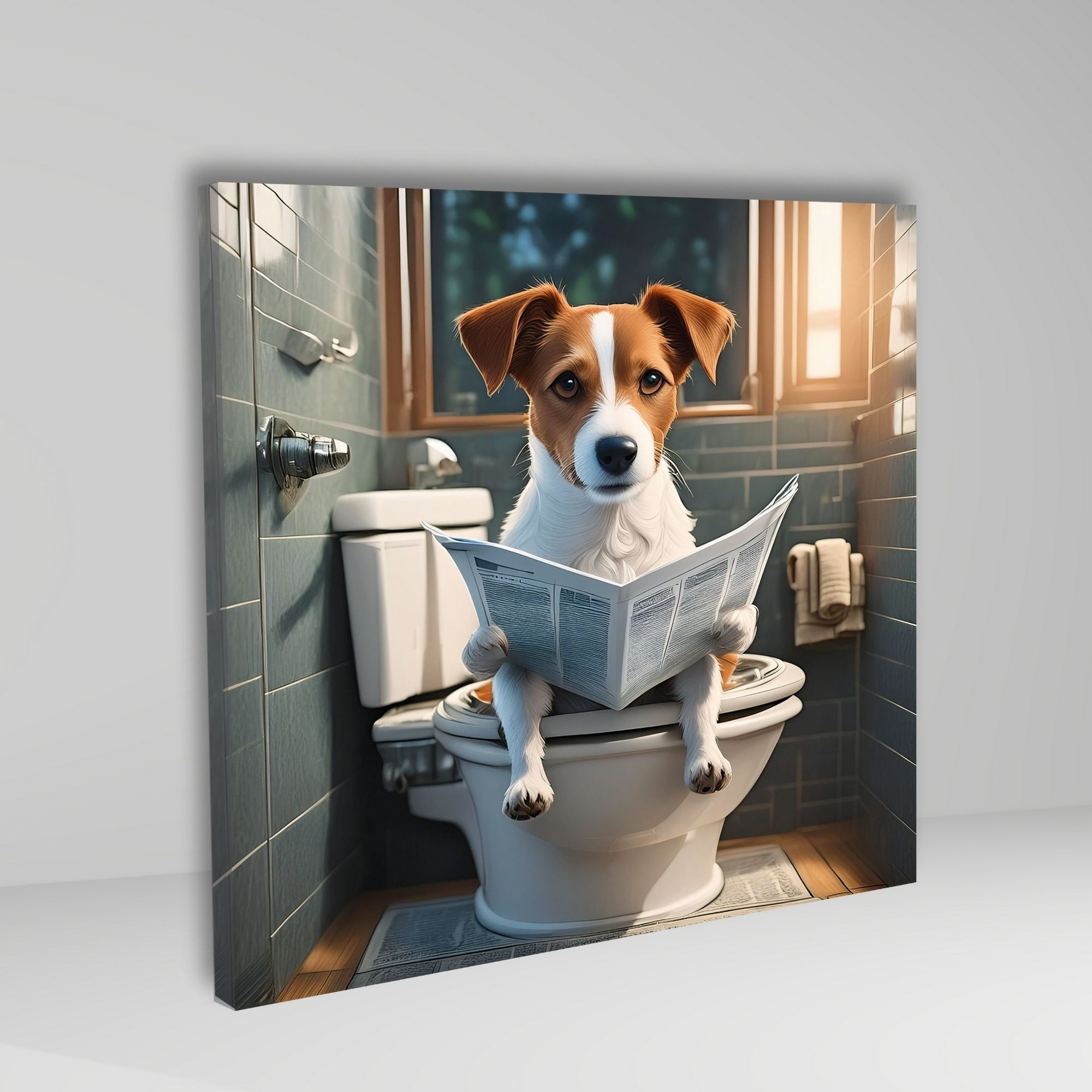 Tekli Kare Kanvas Banyo Tablosu Gazete Okuyan Jack Russell