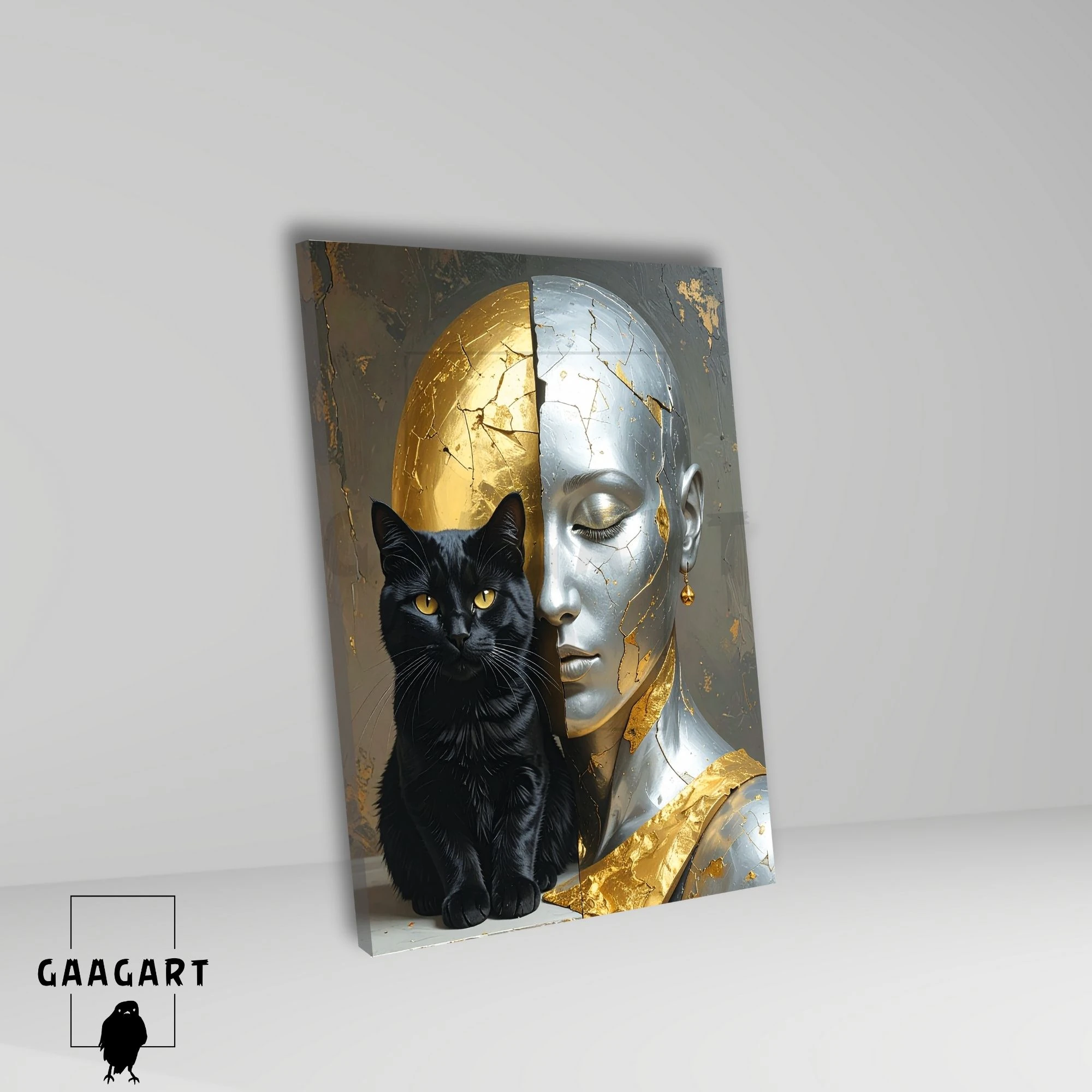 Tekli Dikey Kanvas Tablo Siyah Kedi ve Gold Gümüş Kadın Silüeti