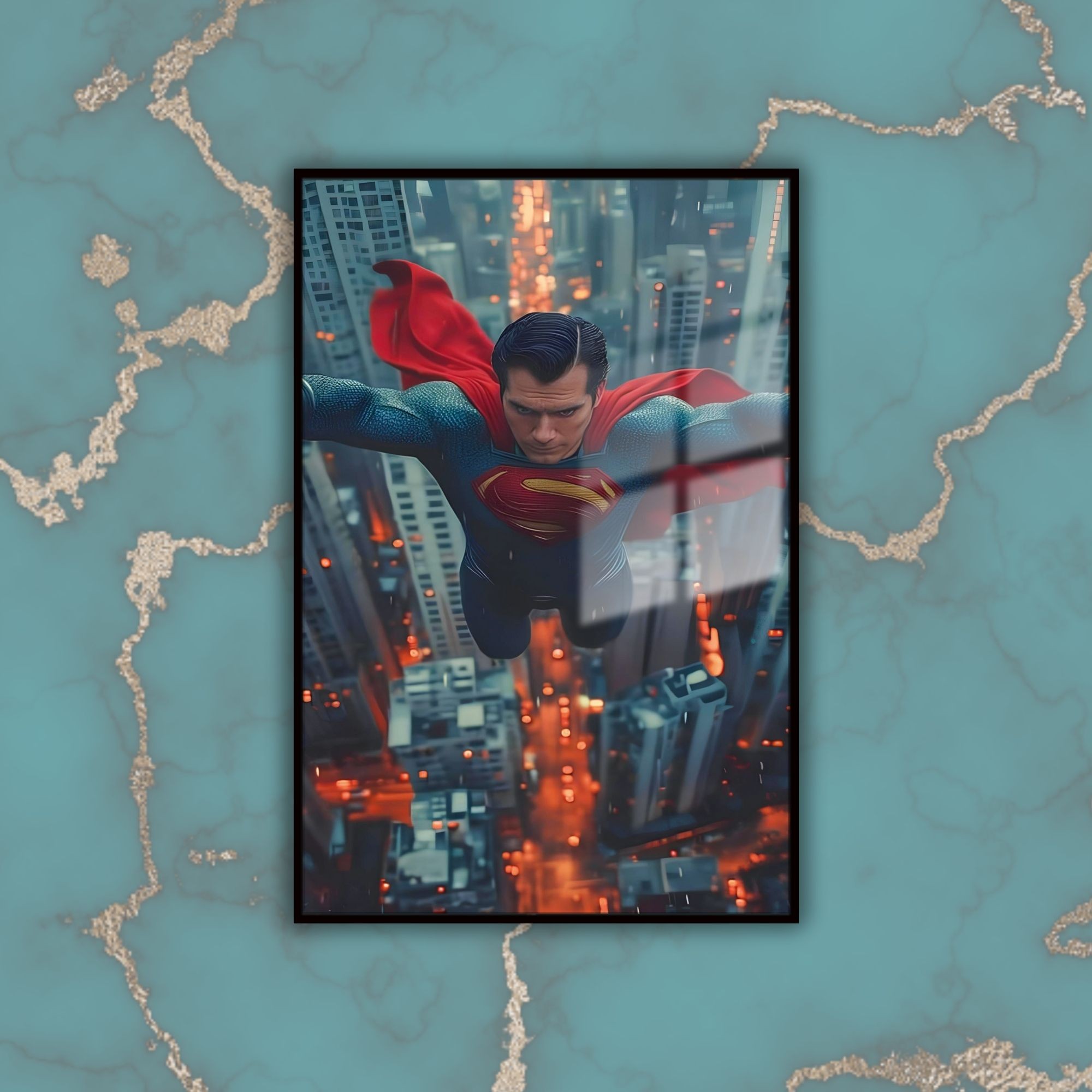 Metal Çerçeveli Temperli Cam Tablo Film Karakteri Uçan Superman