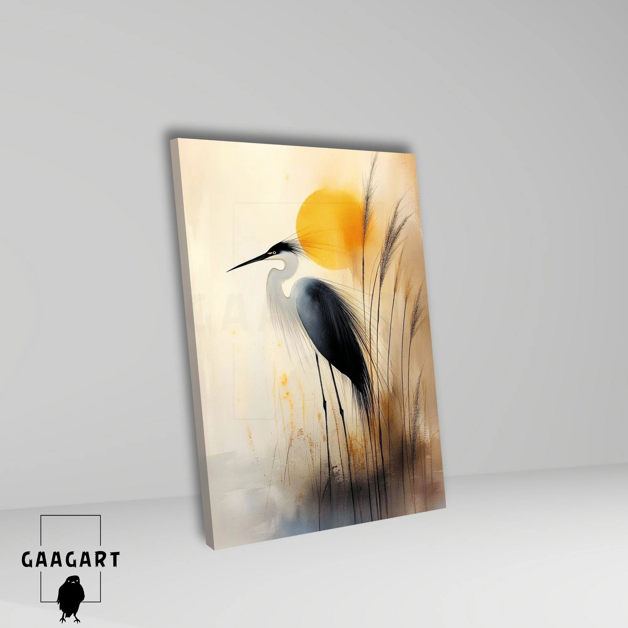 Tekli Dikey Kanvas Tablo Soyut Ak Balıkçıl İllüstrasyonu