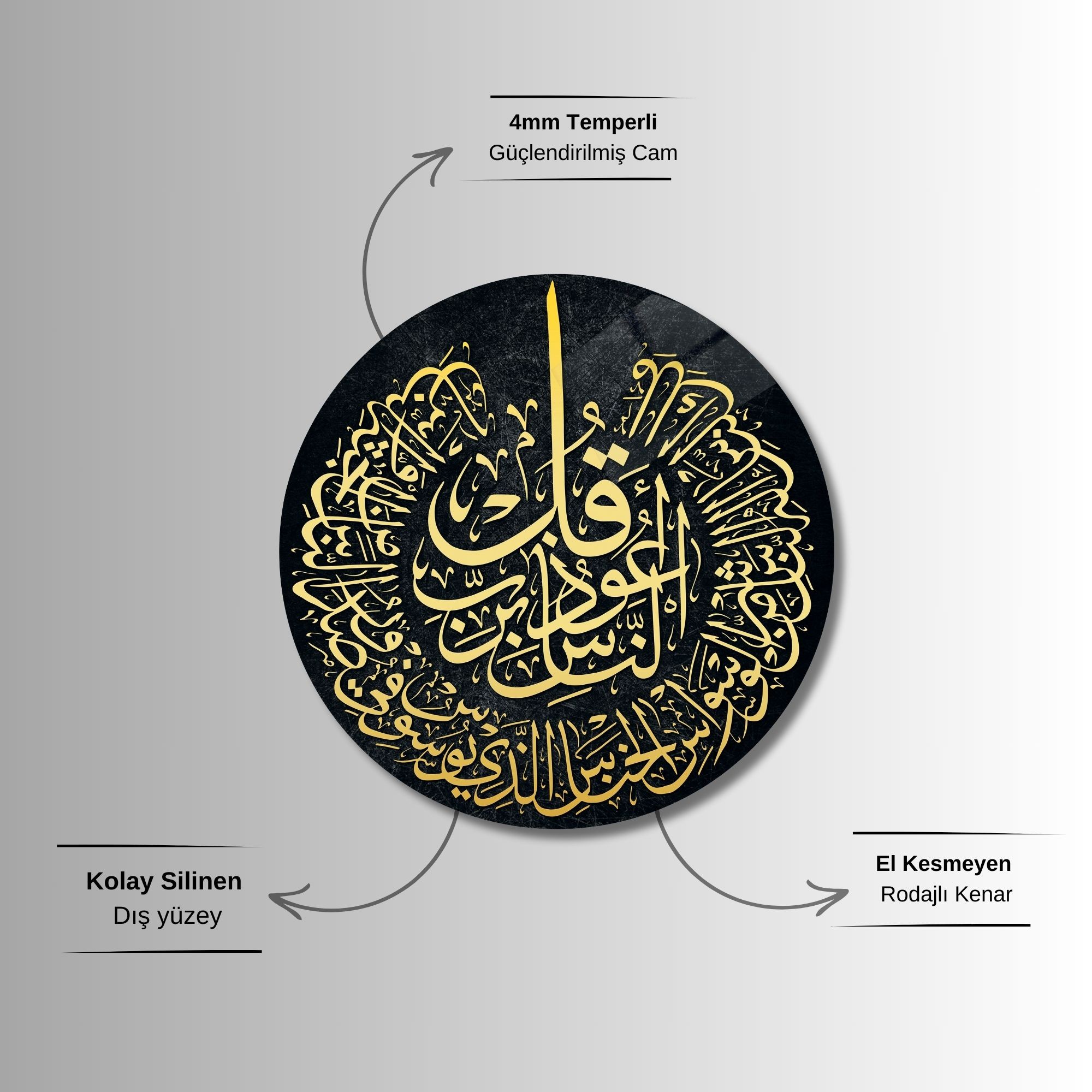 Yuvarlak Temperli Gerçek Cam Dini Tablo Siyah Sarı Nas Suresi