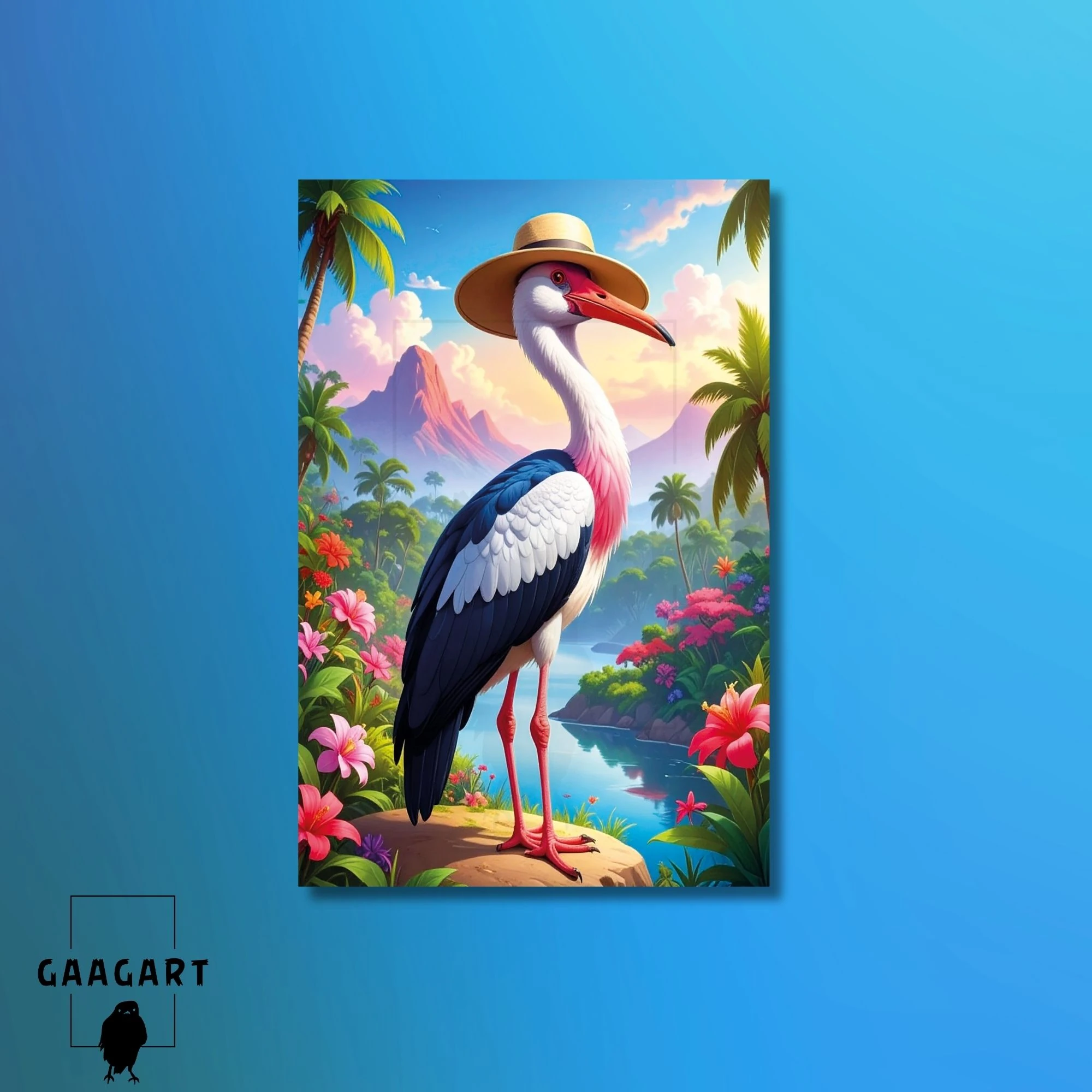 Tekli Dikey Kanvas Tablo Yüksek Kaliteli Renkli Şapkalı Tatilde Flamingo