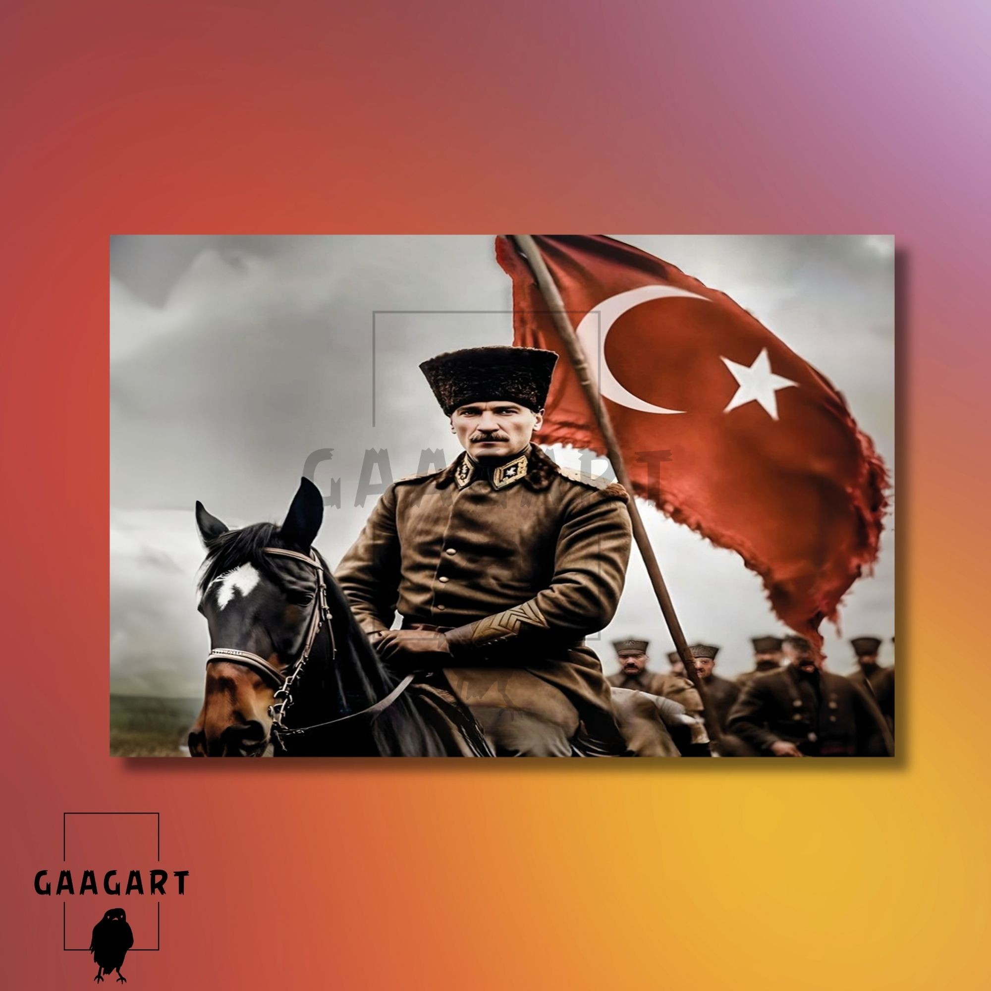 Tekli Yatay Kanvas Duvar Tablosu At Üzerinde Atatürk