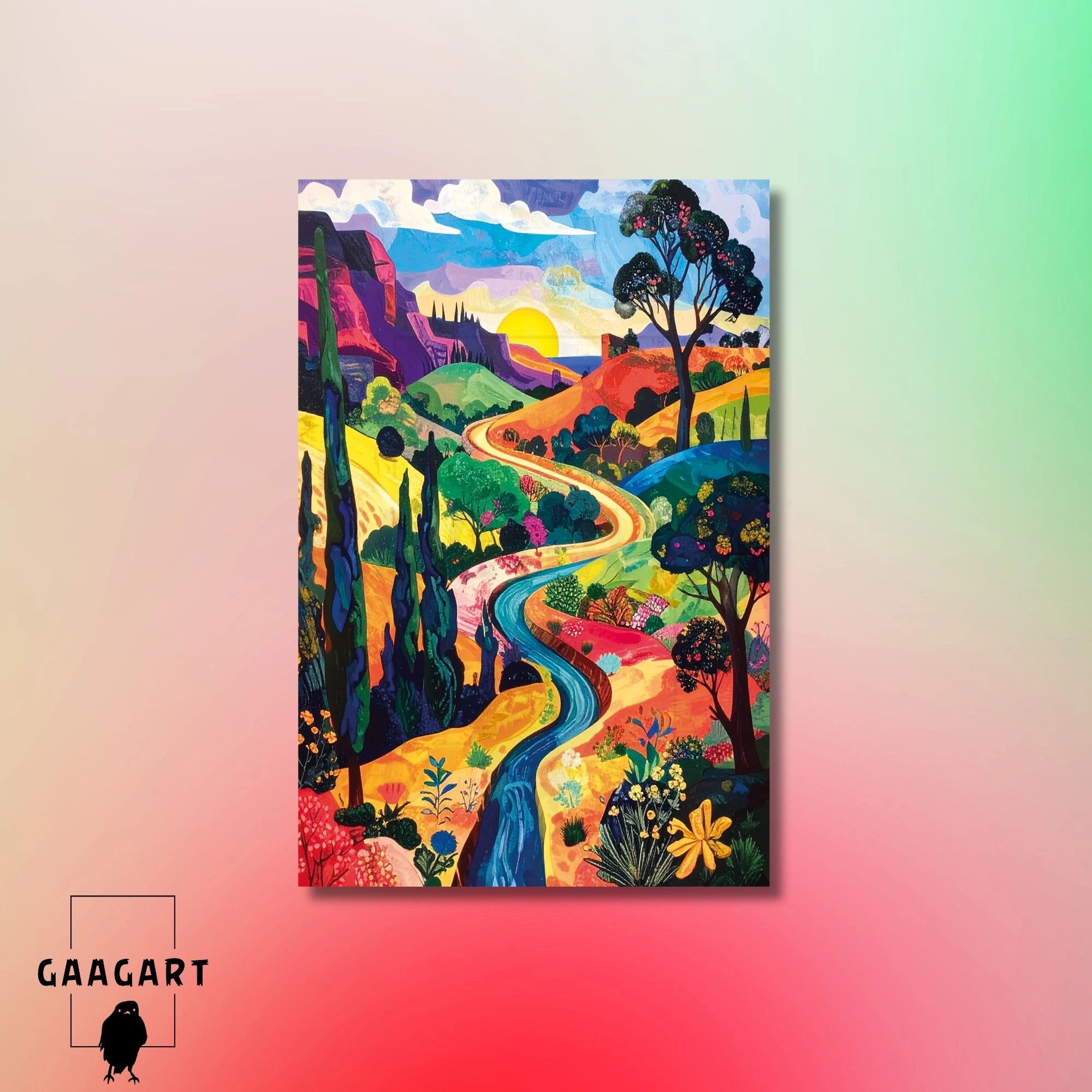 Tekli Dikey Kanvas Tablo Güneşe Giden Yol Manzarası