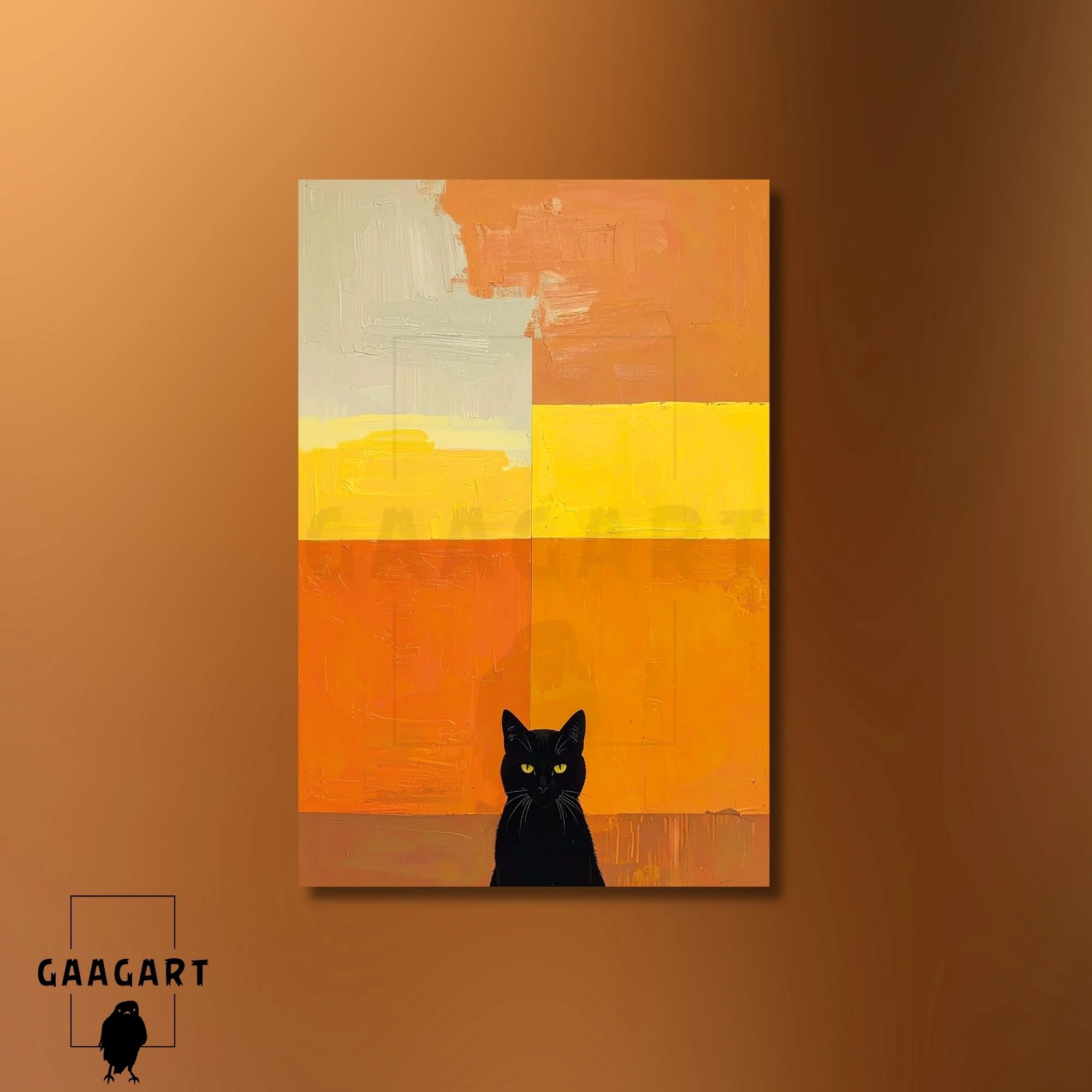 Tekli Dikey Kanvas Tablo Soyut Sanatsal Turuncu ve Siyah Kedi