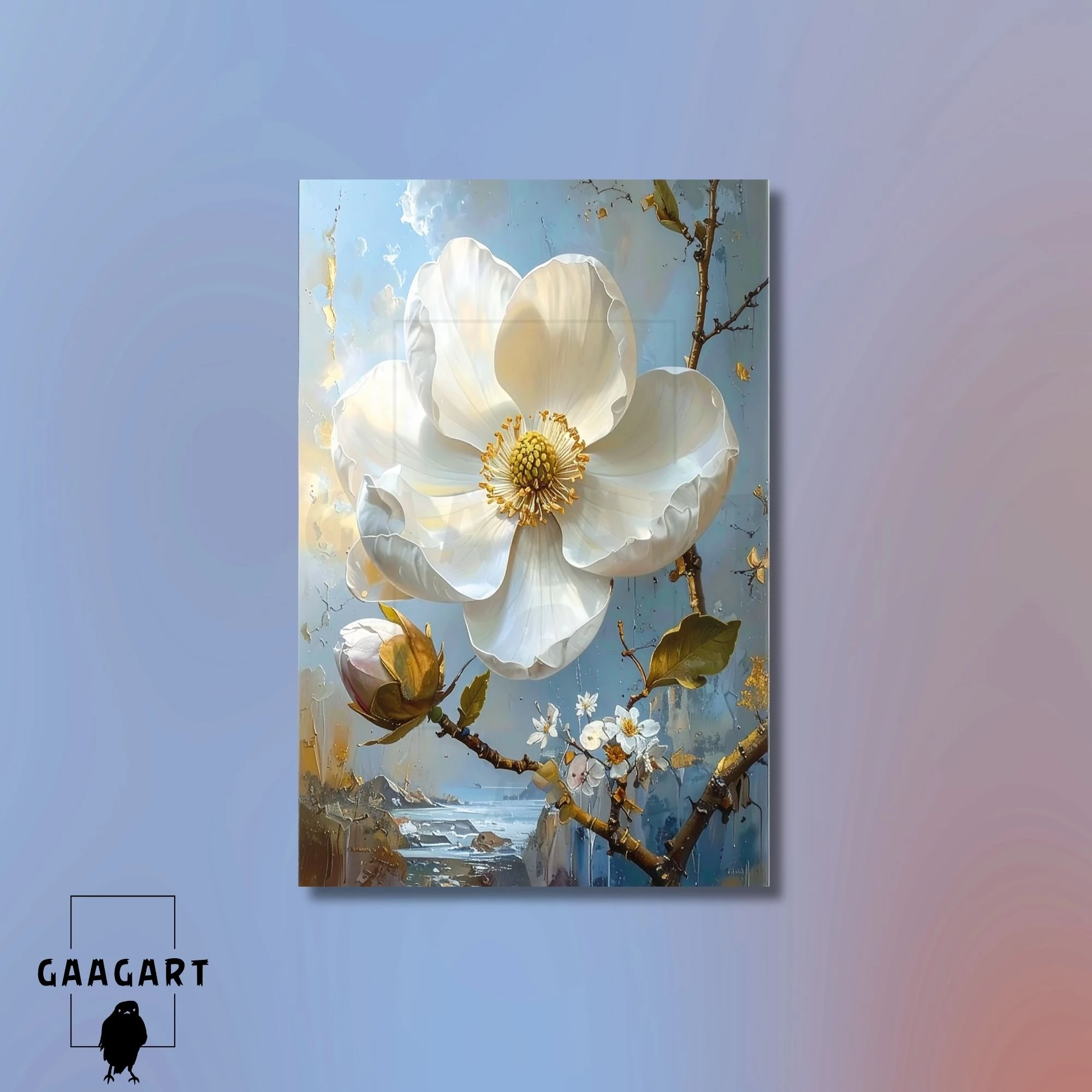 Tekli Dikey Kanvas Tablo Soyut Yağlı Boya Görünümlü Beyaz Çiçek