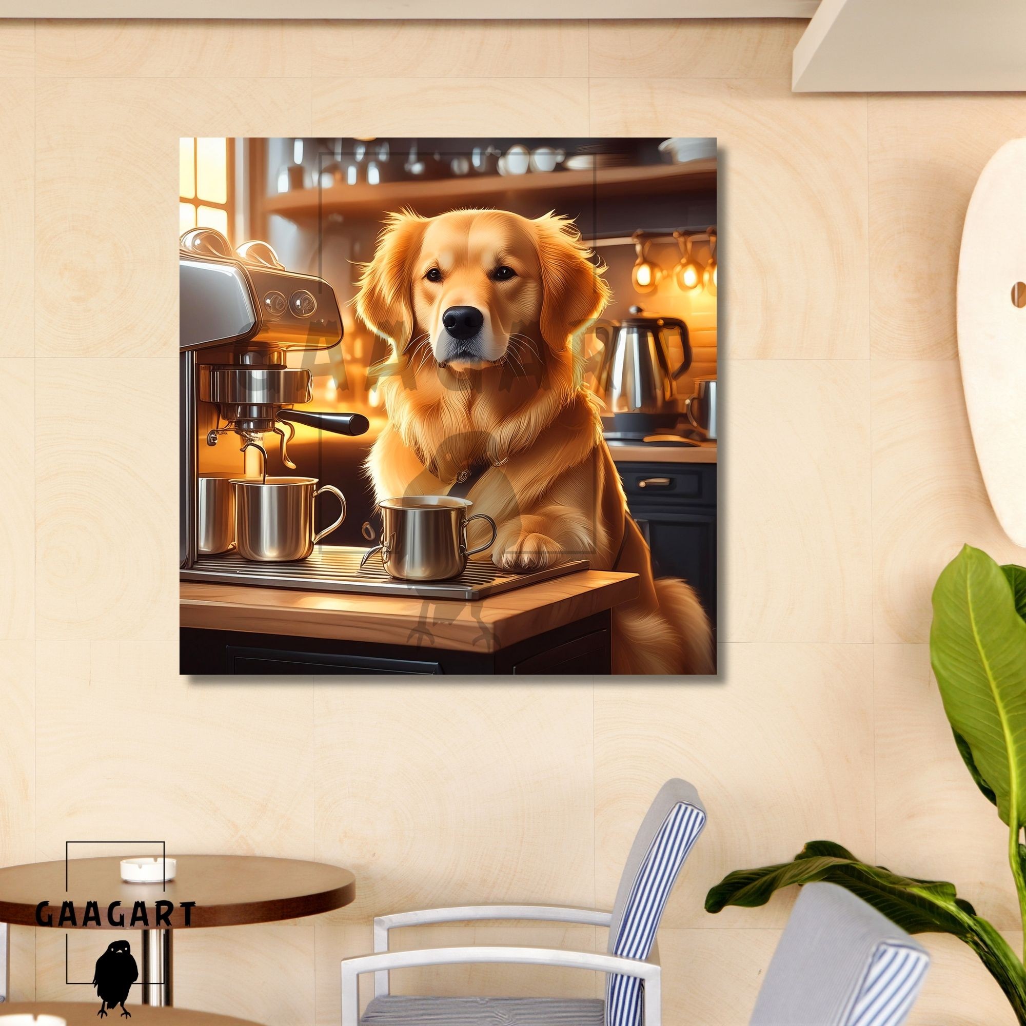 Kare Kanvas Kahve Köşesi Cafe Tablosu Barista Golden Retriever