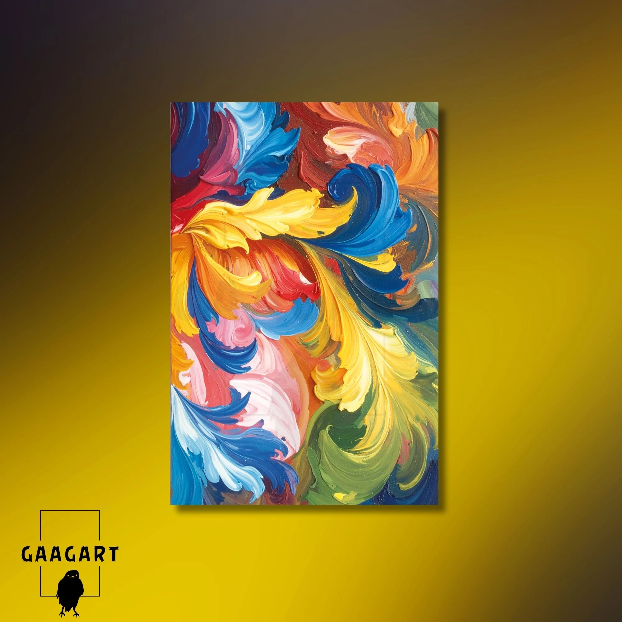 Tekli Dikey Kanvas Tablo Soyut Yaprak Yağlı Boya Görünümlü Fırça Darbeleri