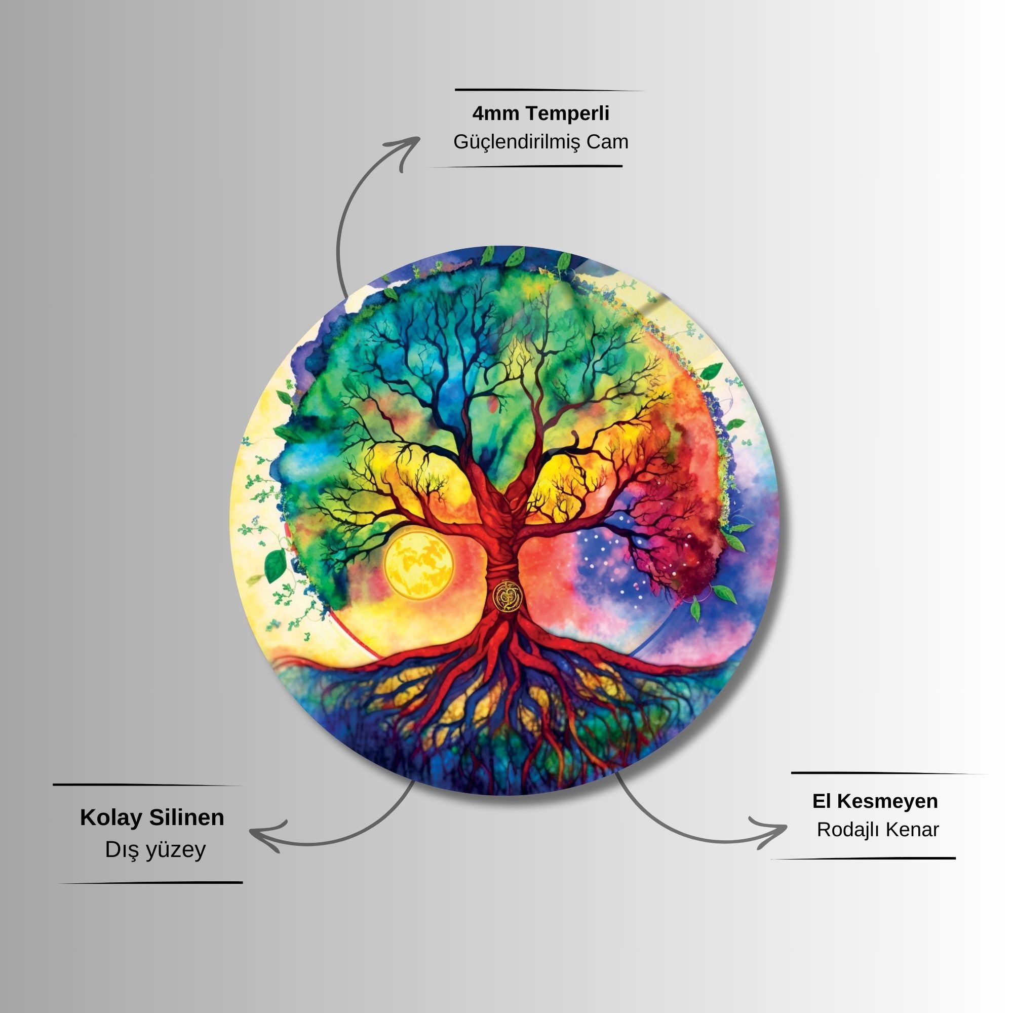 Yuvarlak Temperli Gerçek Cam Tablo Dolunay ve Renkli Hayat Ağacı
