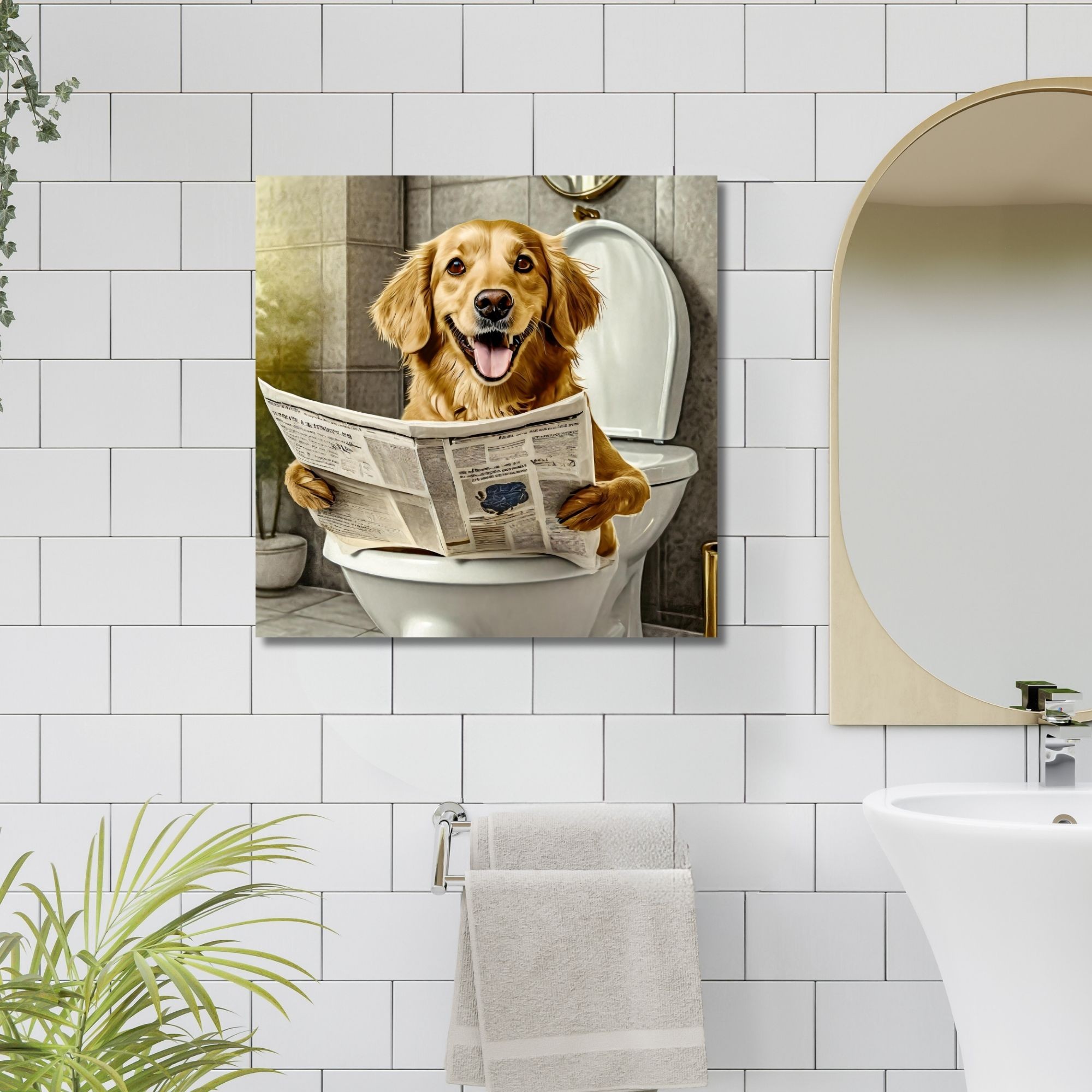 Tekli Kare Kanvas Banyo Tablosu Gazete Okuyan Gülen Golden Köpek