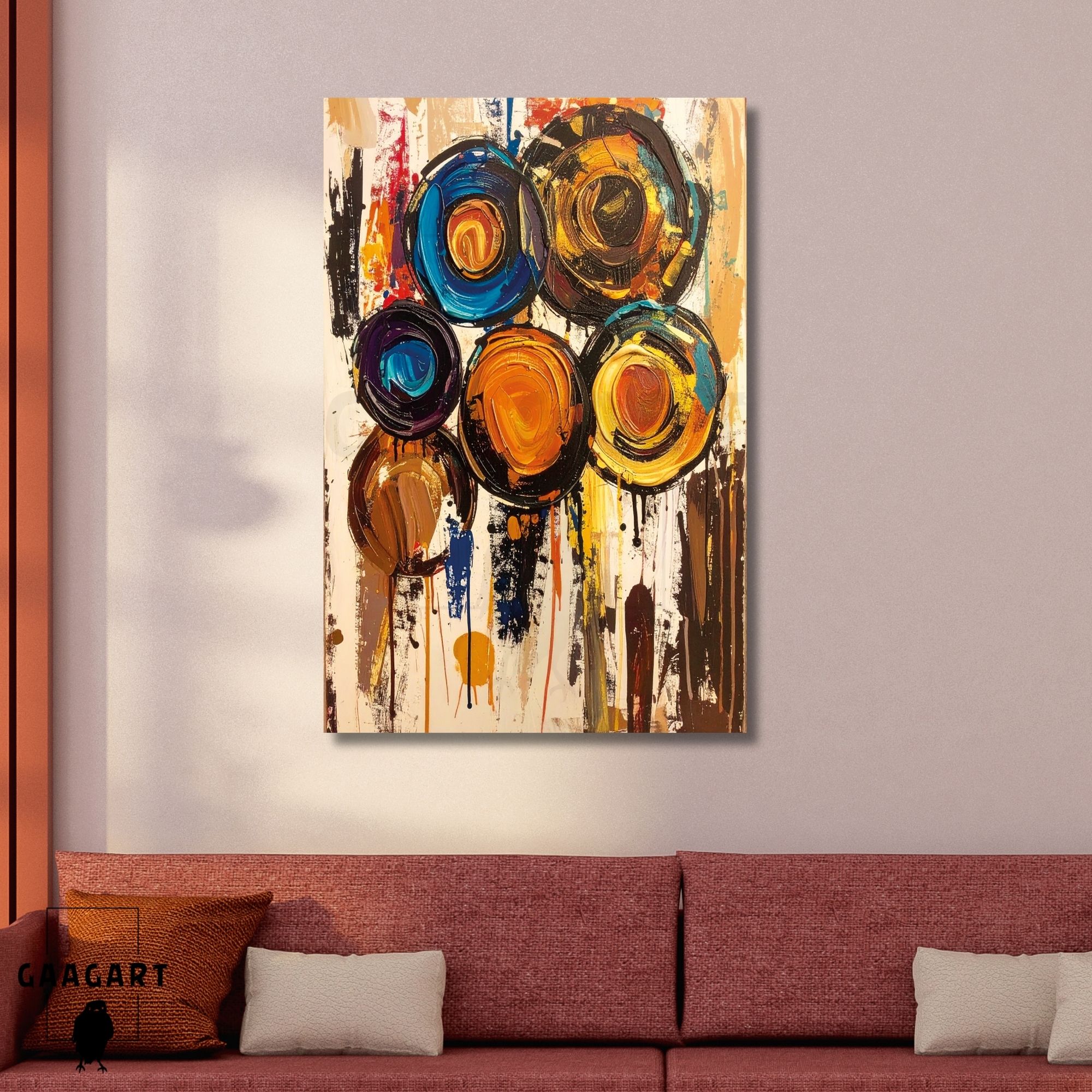 Tekli Dikey Kanvas Tablo Soyut Sanatsal Renkli Daireler