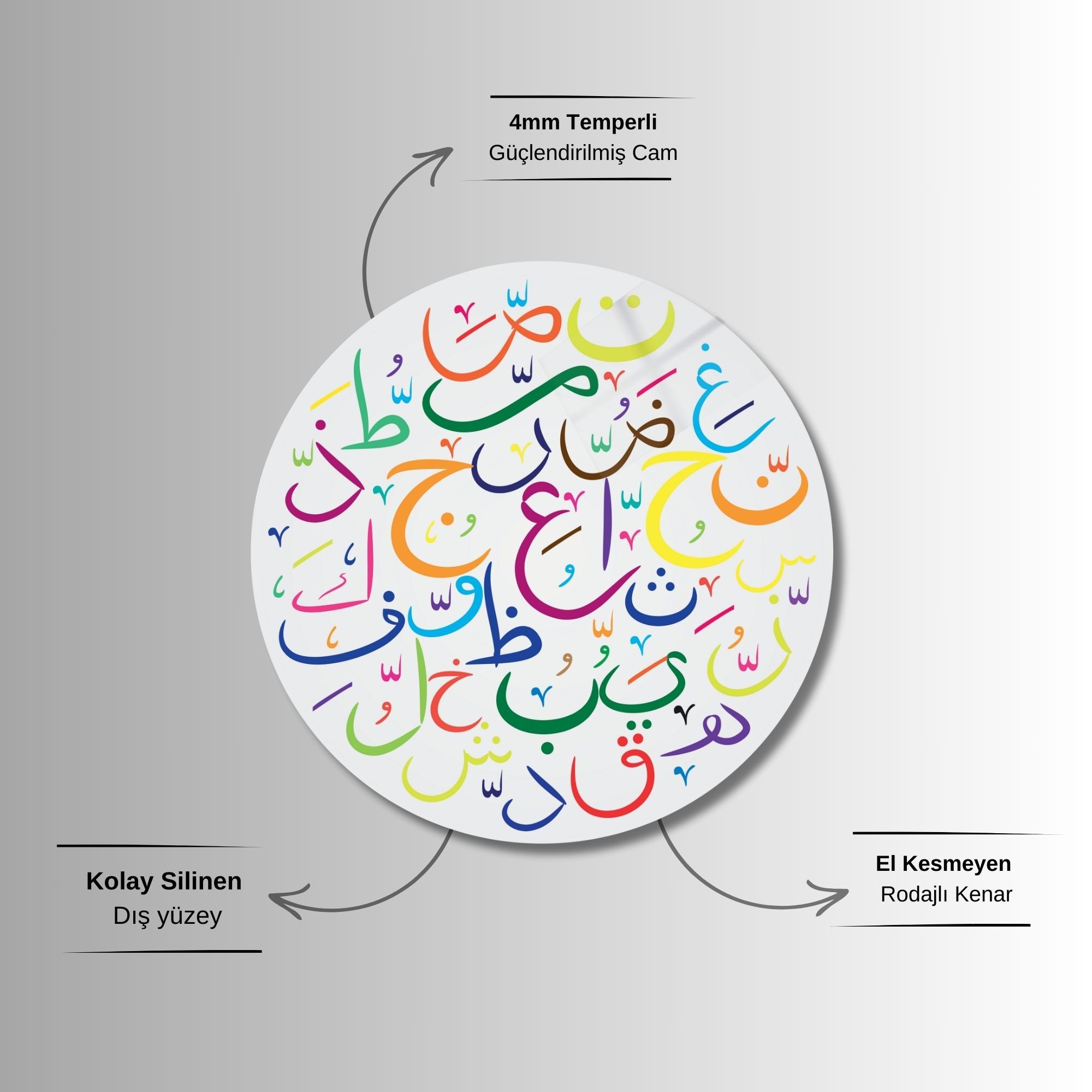 Yuvarlak Temperli Gerçek Cam Dini Tablo Renkli Kur'an Alfabesi
