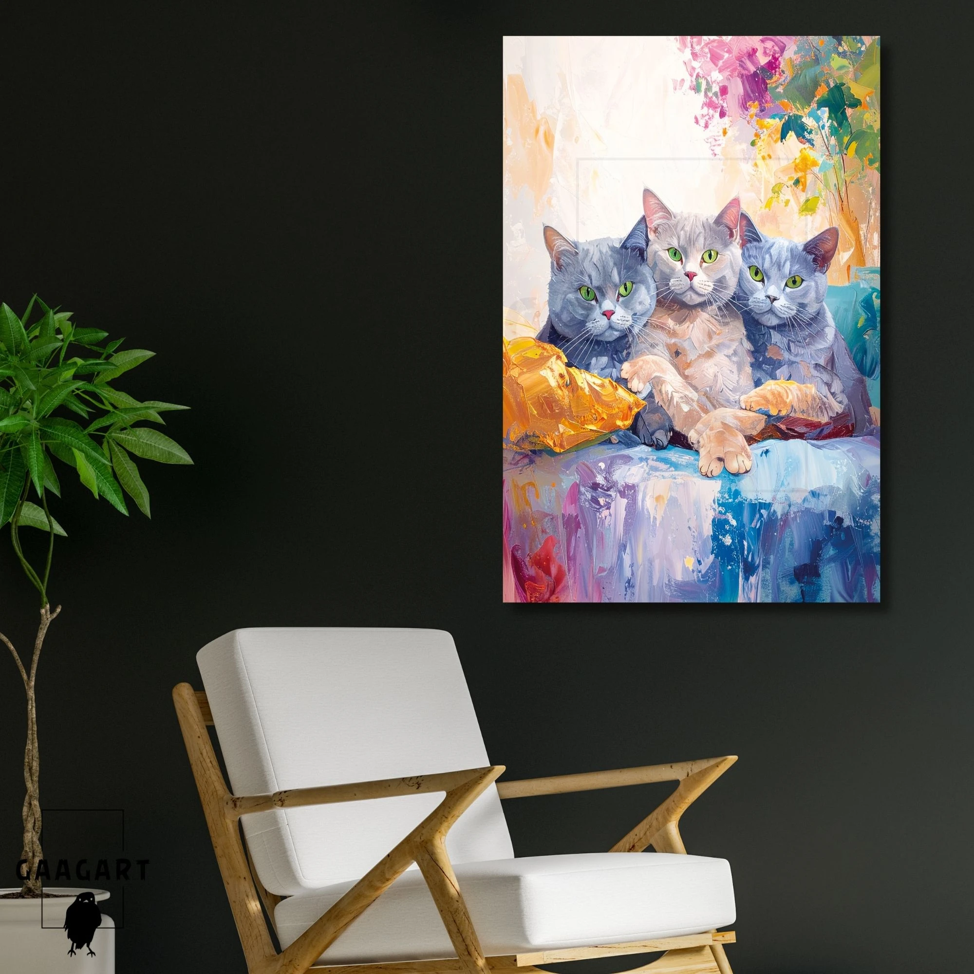 Tekli Dikey Kanvas Tablo Yağlı Boya Görünümlü Yeşil Gözlü Kediler