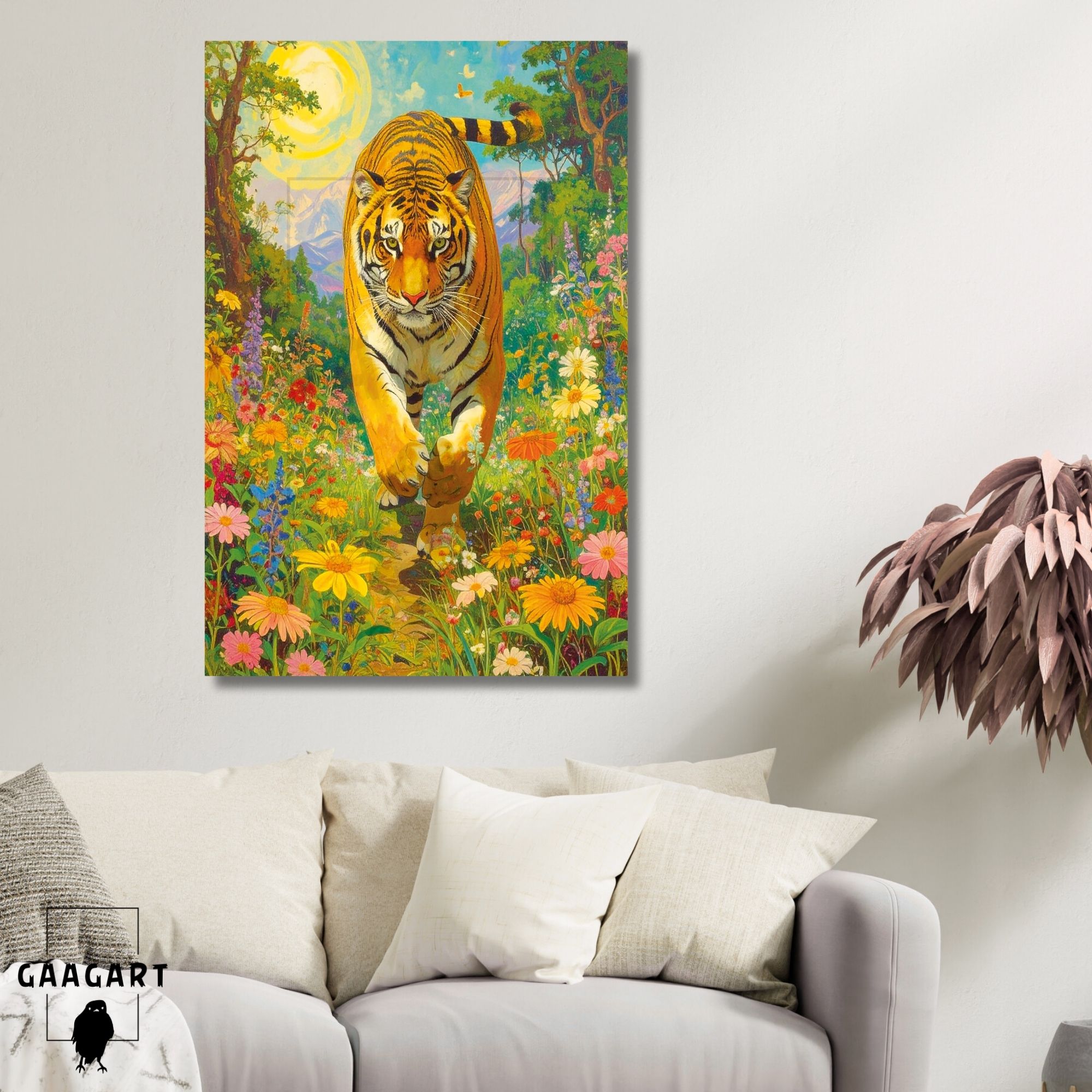 Tekli Dikey Kanvas Tablo Çiçekli Renkli Yürüyen Leopar