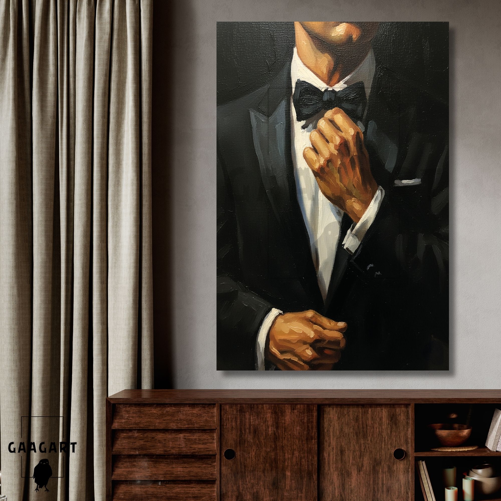 Tekli Dikey Kanvas Tablo Takım Elbiseli Papyonlı Erkek Silüeti