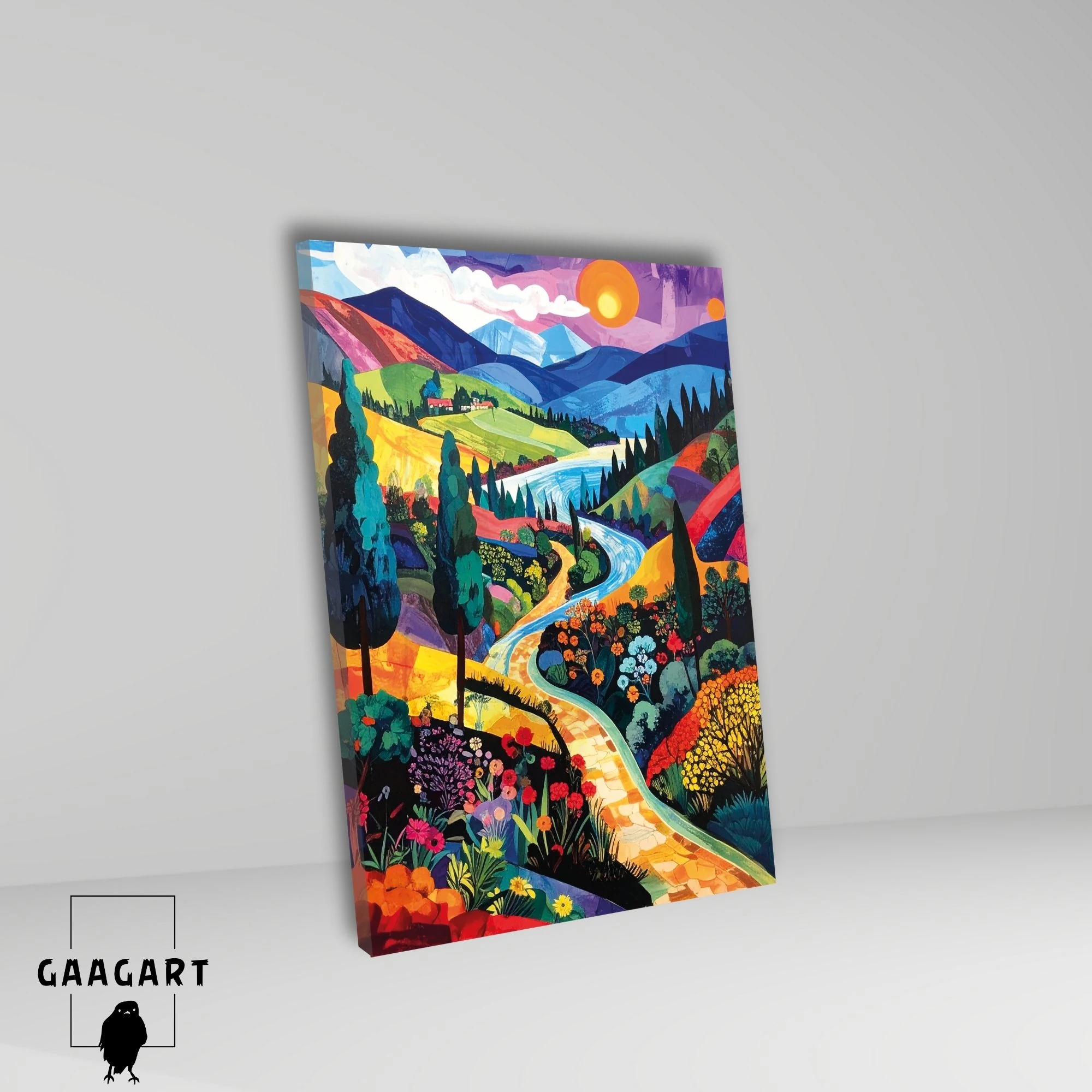 Tekli Dikey Kanvas Tablo Ağaçlar ve Dağlar Manzara Renkli