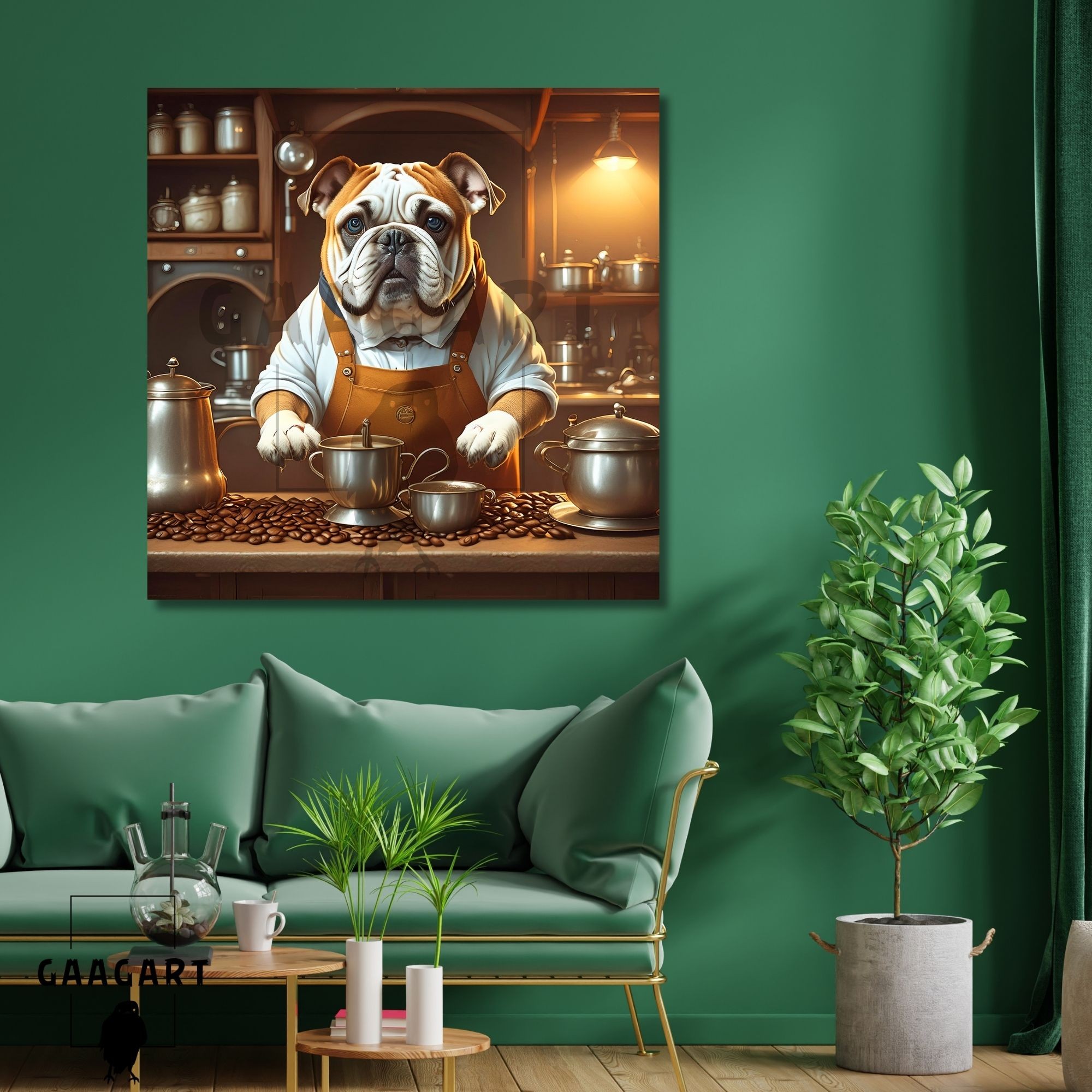 Kare Kanvas Kahve Köşesi Cafe Tablosu Barista Bulldog Köpek