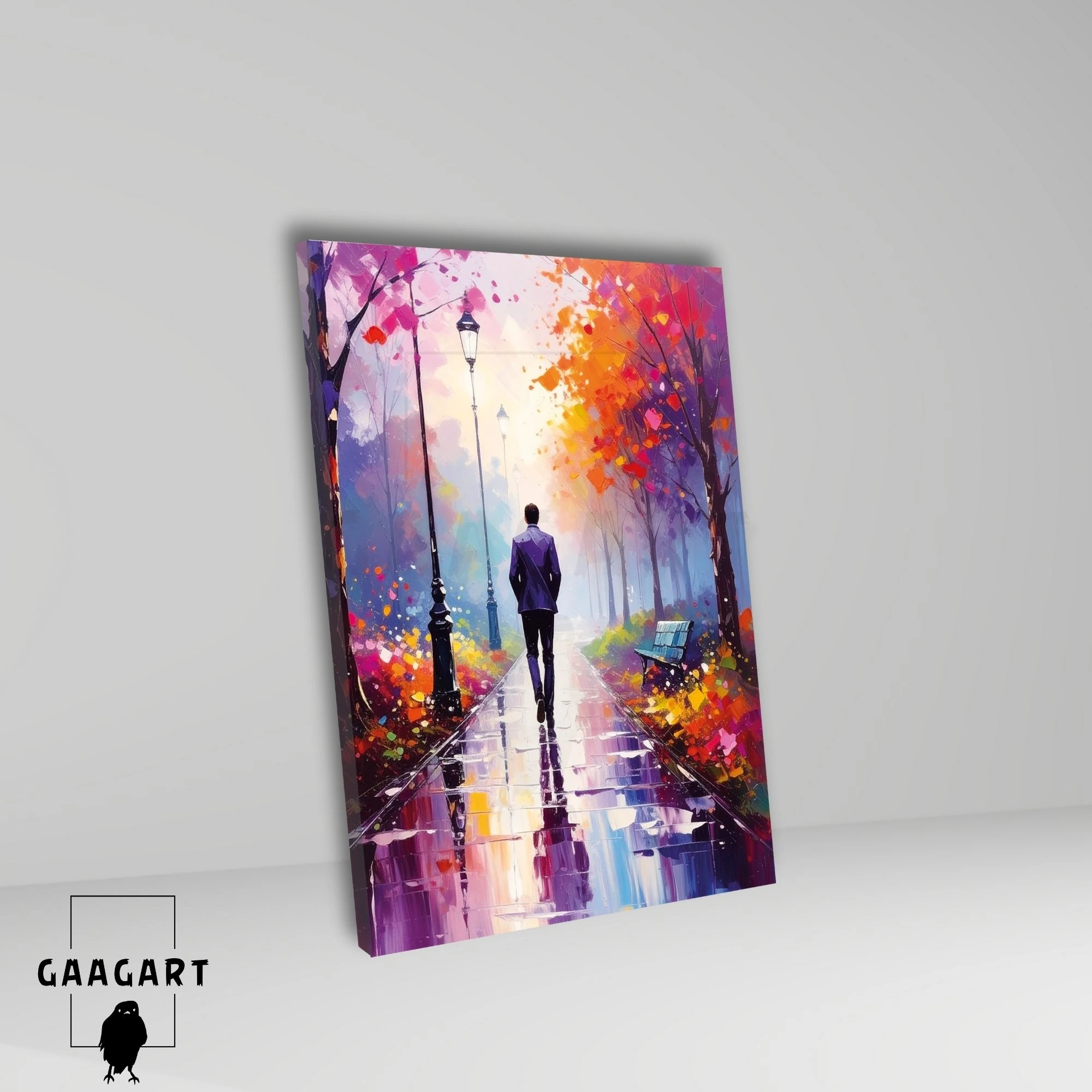 Tekli Dikey Kanvas Tablo Yağmurda Parkta Yürüyen Yalnız Adam