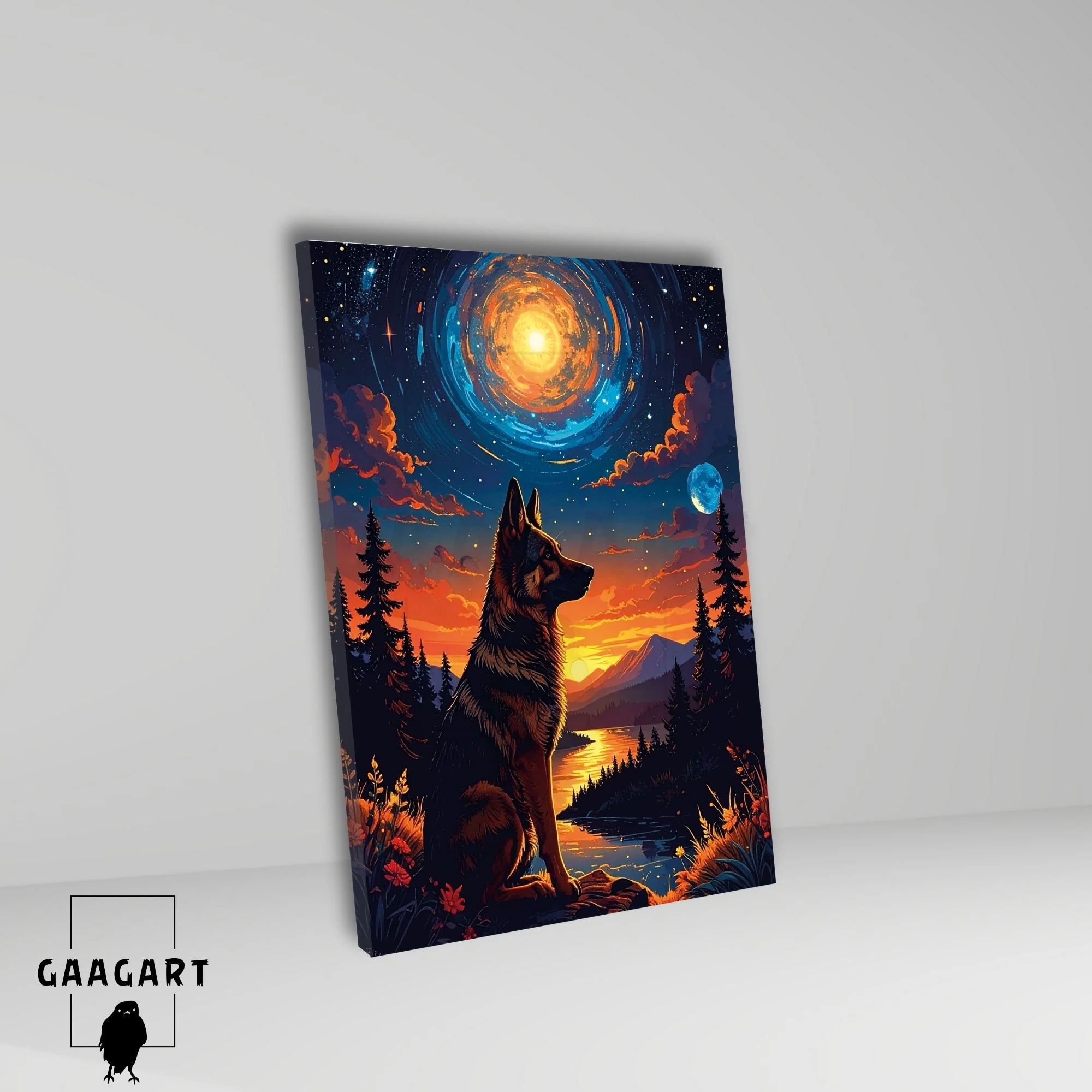 Tekli Dikey Kanvas Tablo Gün Batımı Ve Gece Dolunayda Kurt