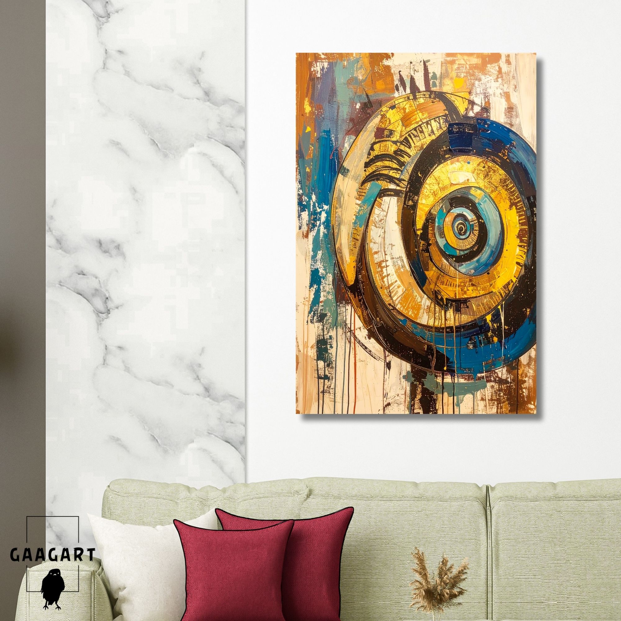 Tekli Dikey Kanvas Tablo Soyut Sanatsal Mavi Daireler