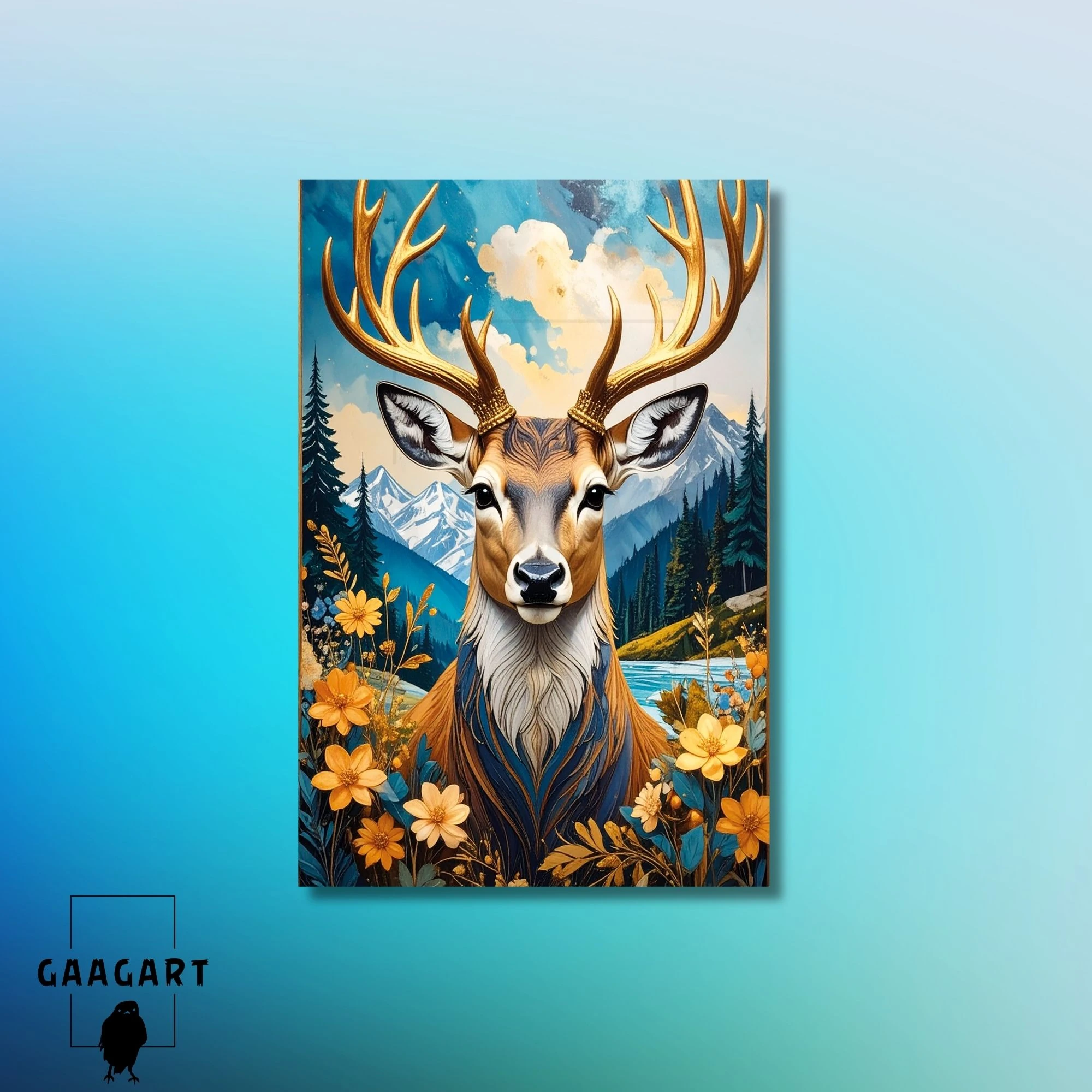 Tekli Dikey Kanvas Tablo Çiçekler ve Manzarada Geyik