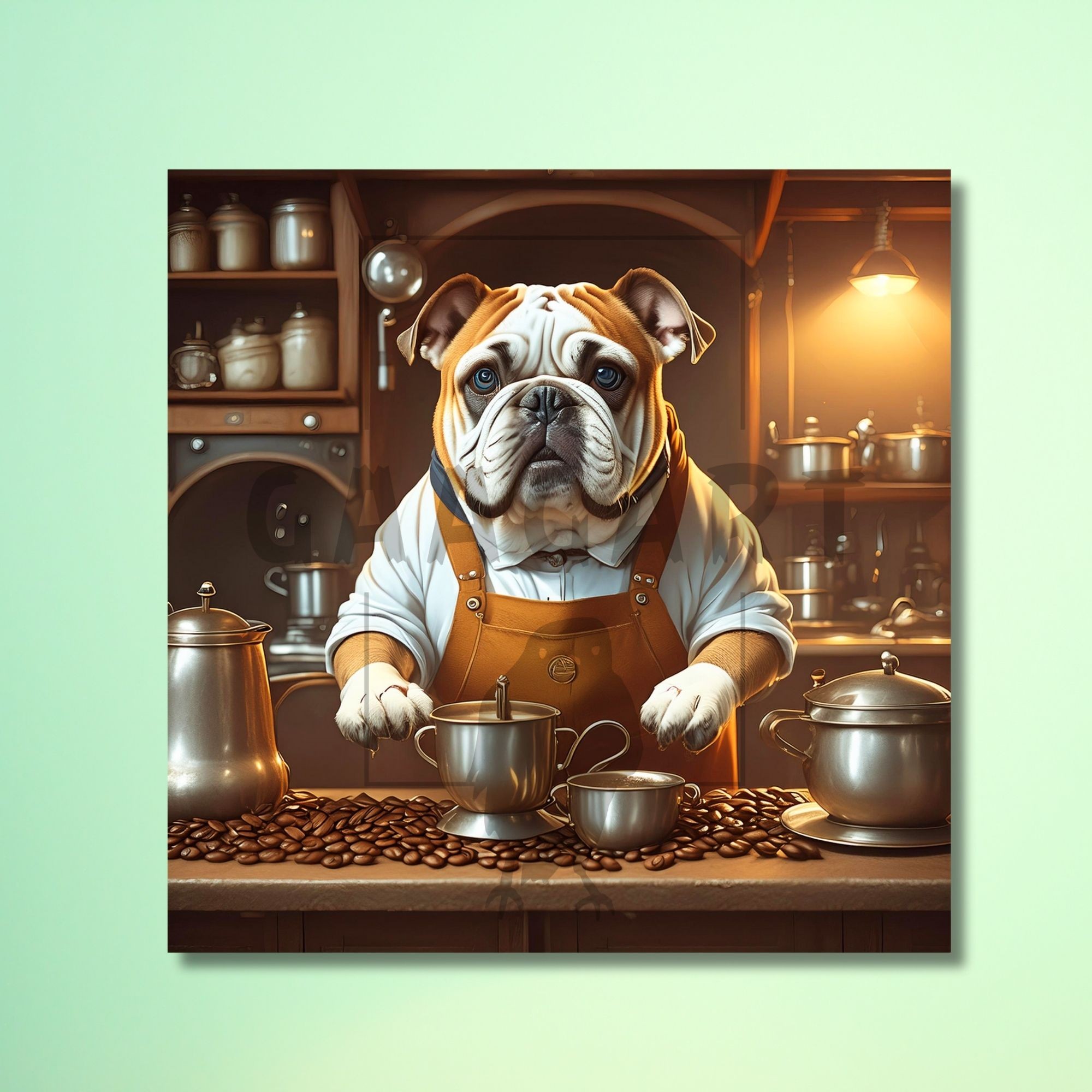 Kare Kanvas Kahve Köşesi Cafe Tablosu Barista Bulldog Köpek