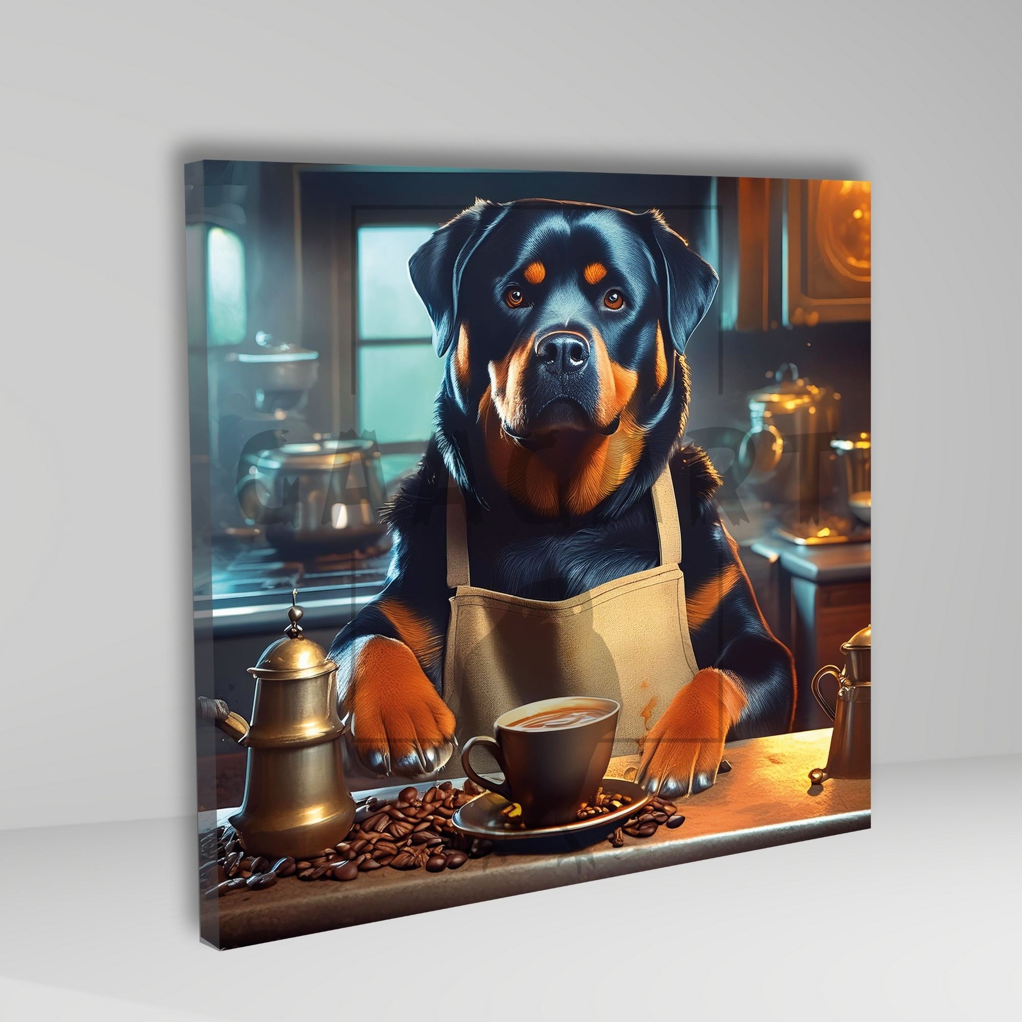 Kare Kanvas Kahve Köşesi Cafe Tablosu Barista Rottweiler Köpek