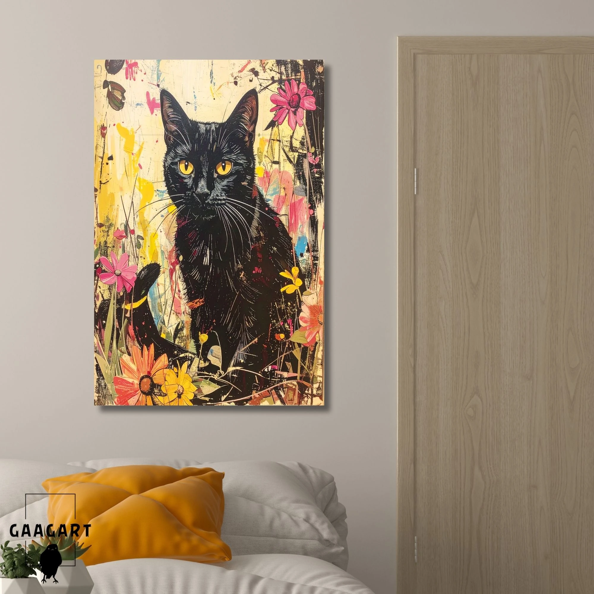 Tekli Dikey Kanvas Tablo Renkli Soft Siyah Kedi Portresi