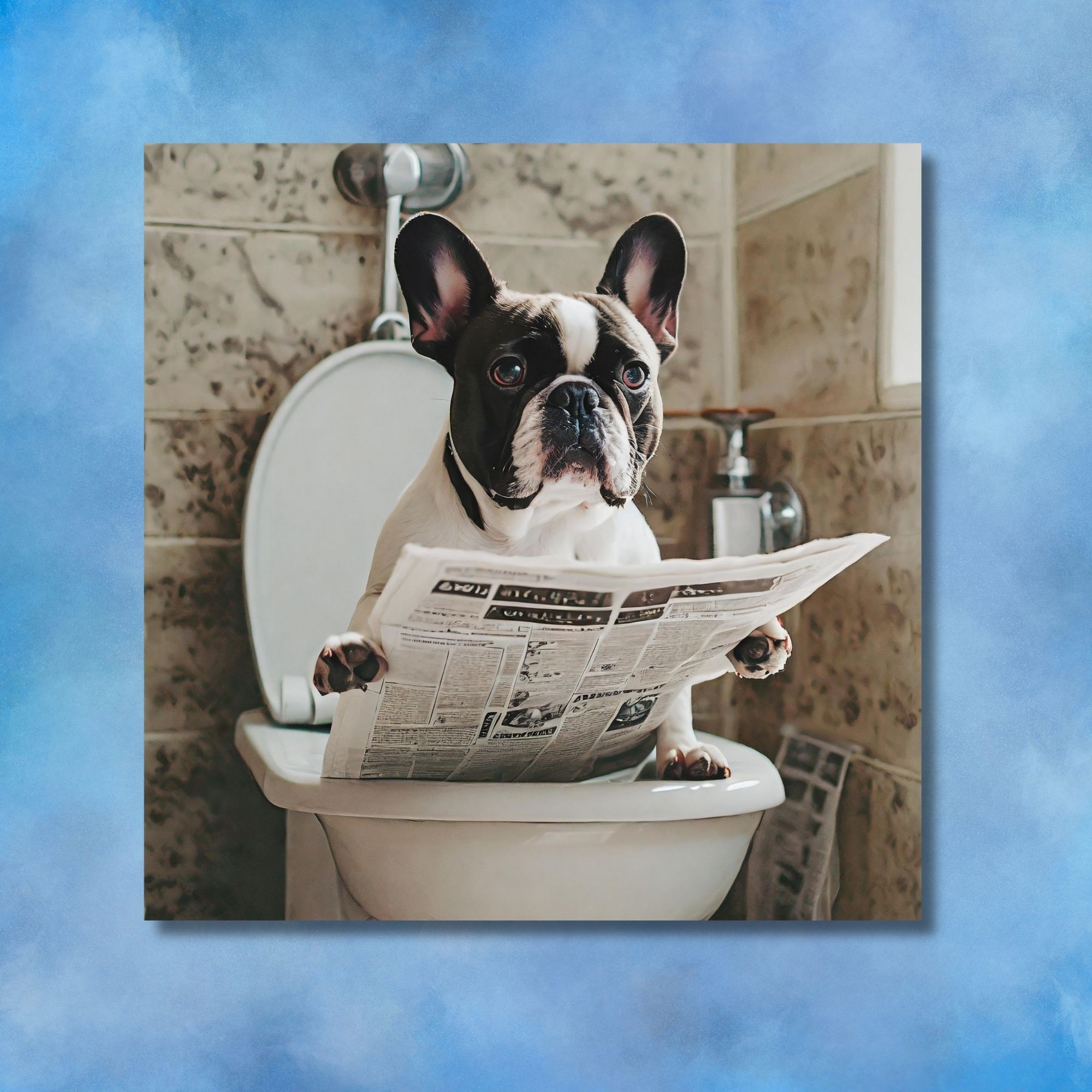 Tekli Kare Kanvas Banyo Tablosu Gazete Okuyan Siyah French Bulldog Köpek