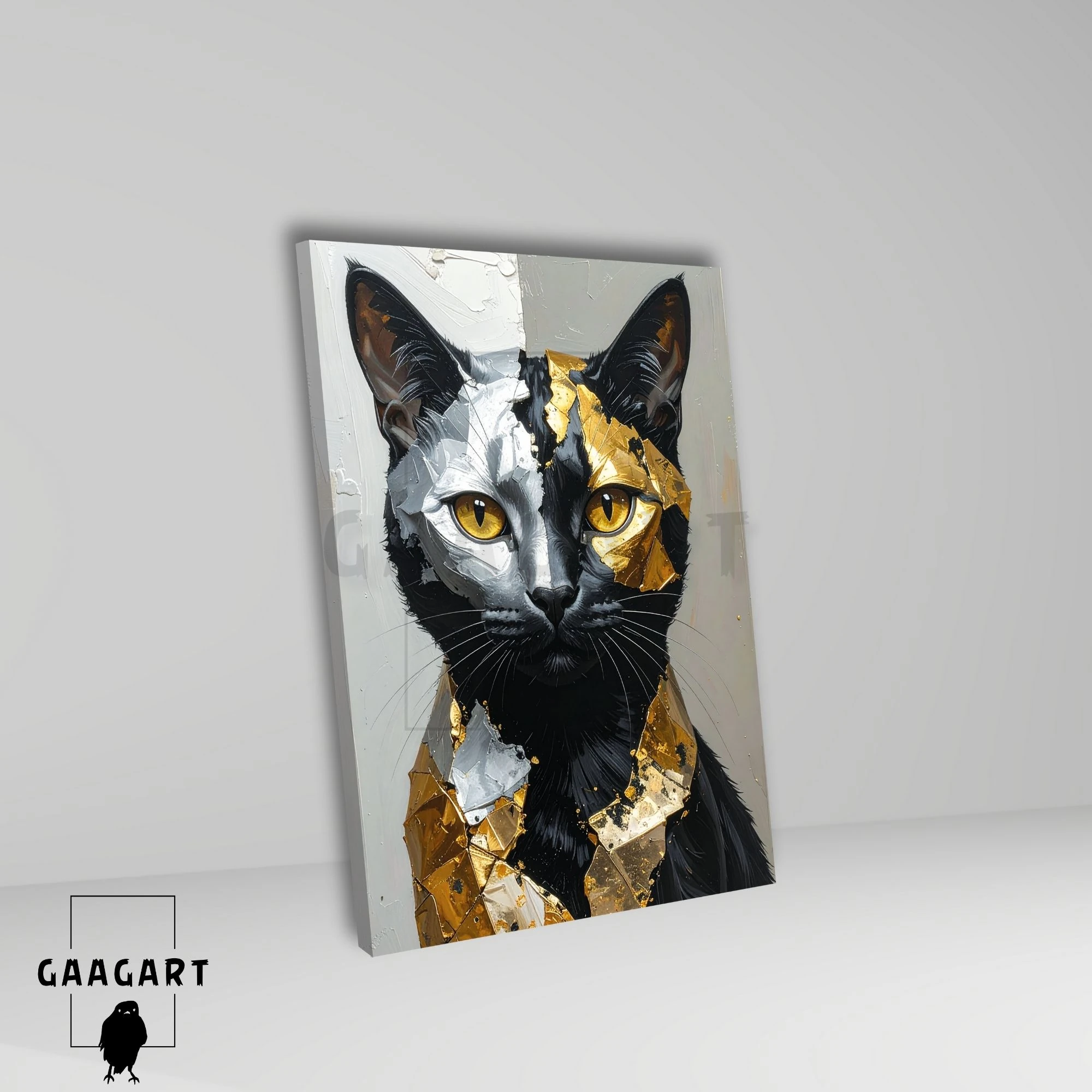 Tekli Dikey Kanvas Tablo Sanatsal Gold Gümüş Siyah Kedi