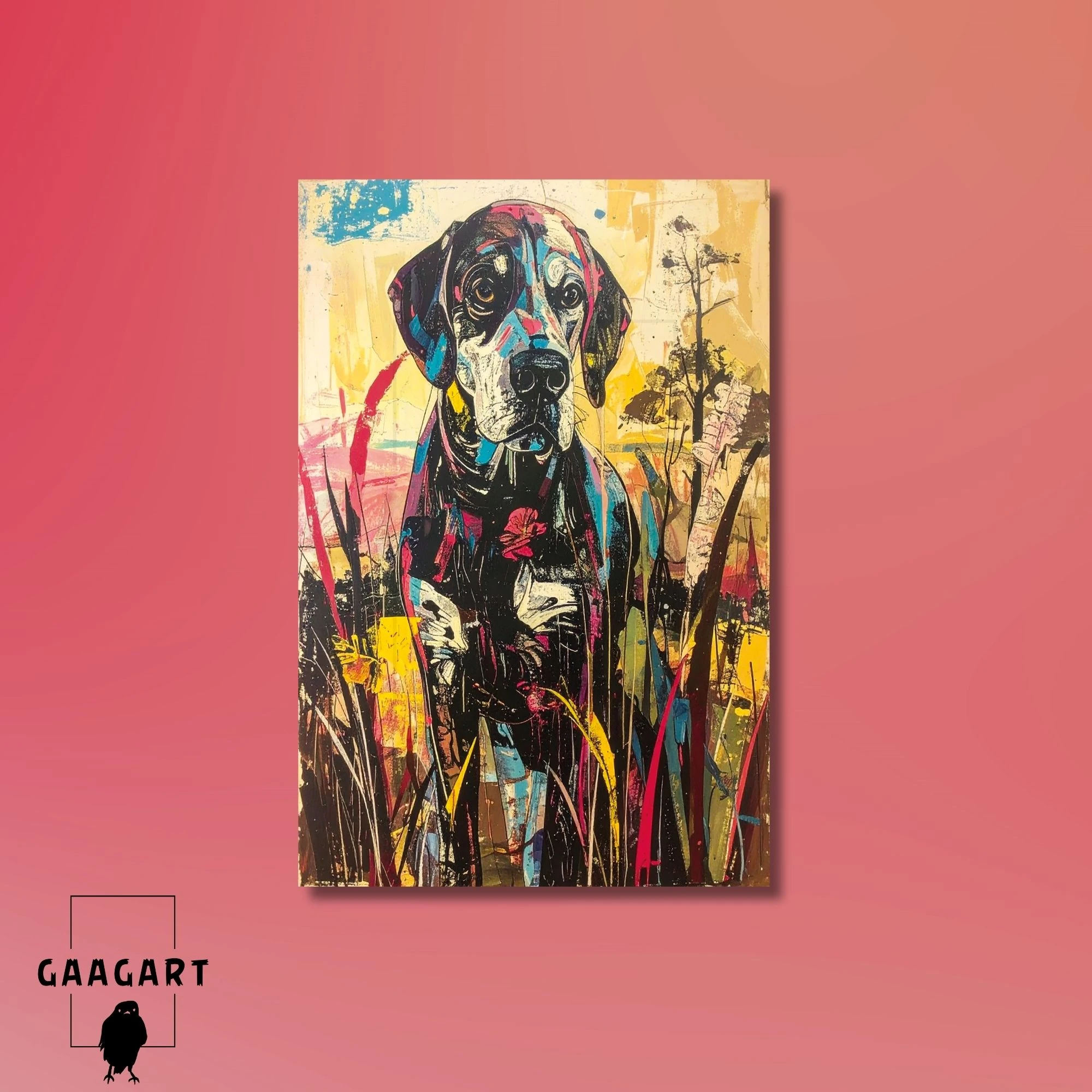 Tekli Dikey Kanvas Tablo Renkli Soft Köpek Portresi