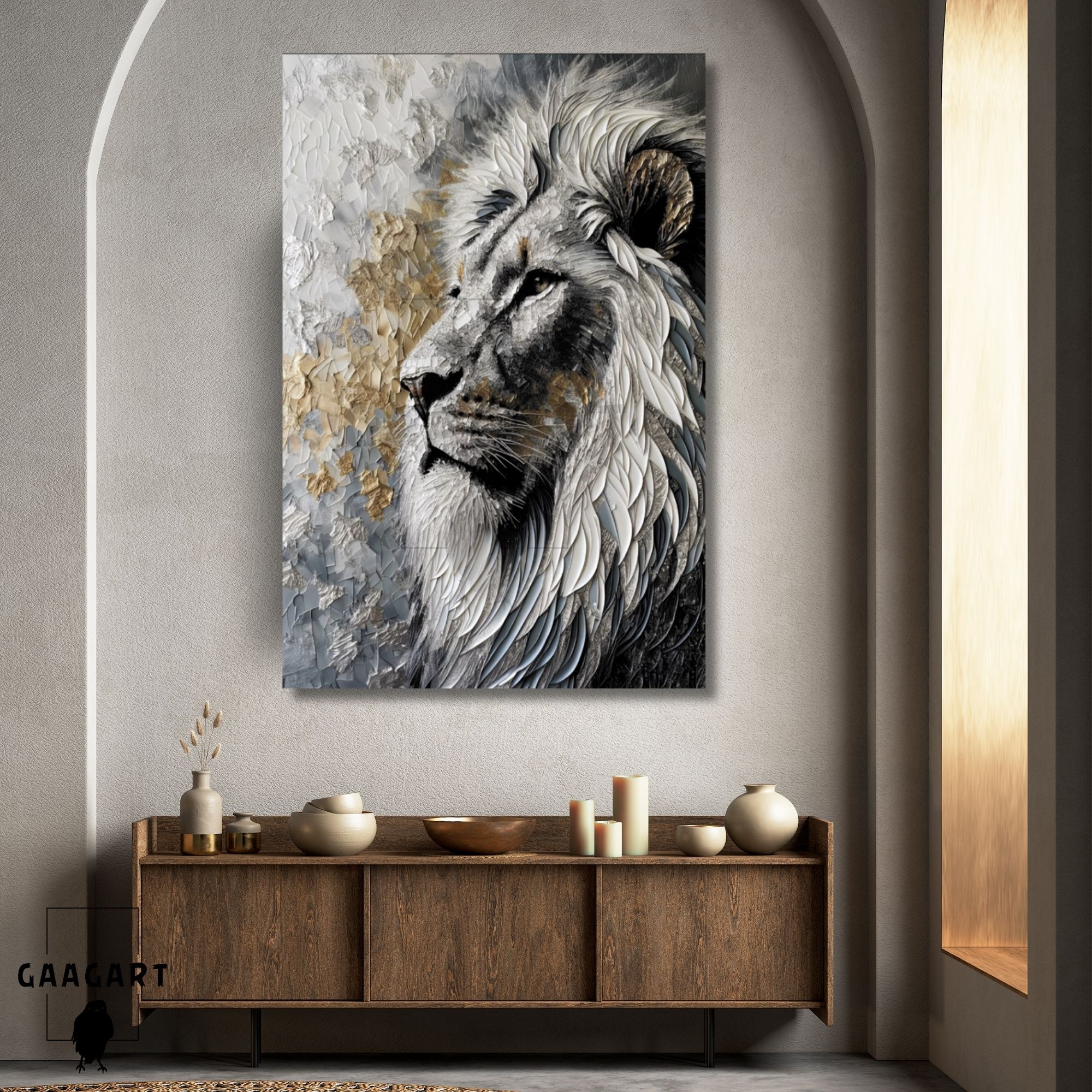 Tekli Dikey Kanvas Tablo Yağlı Boya Görünümlü Silver Gold Aslan Portresi
