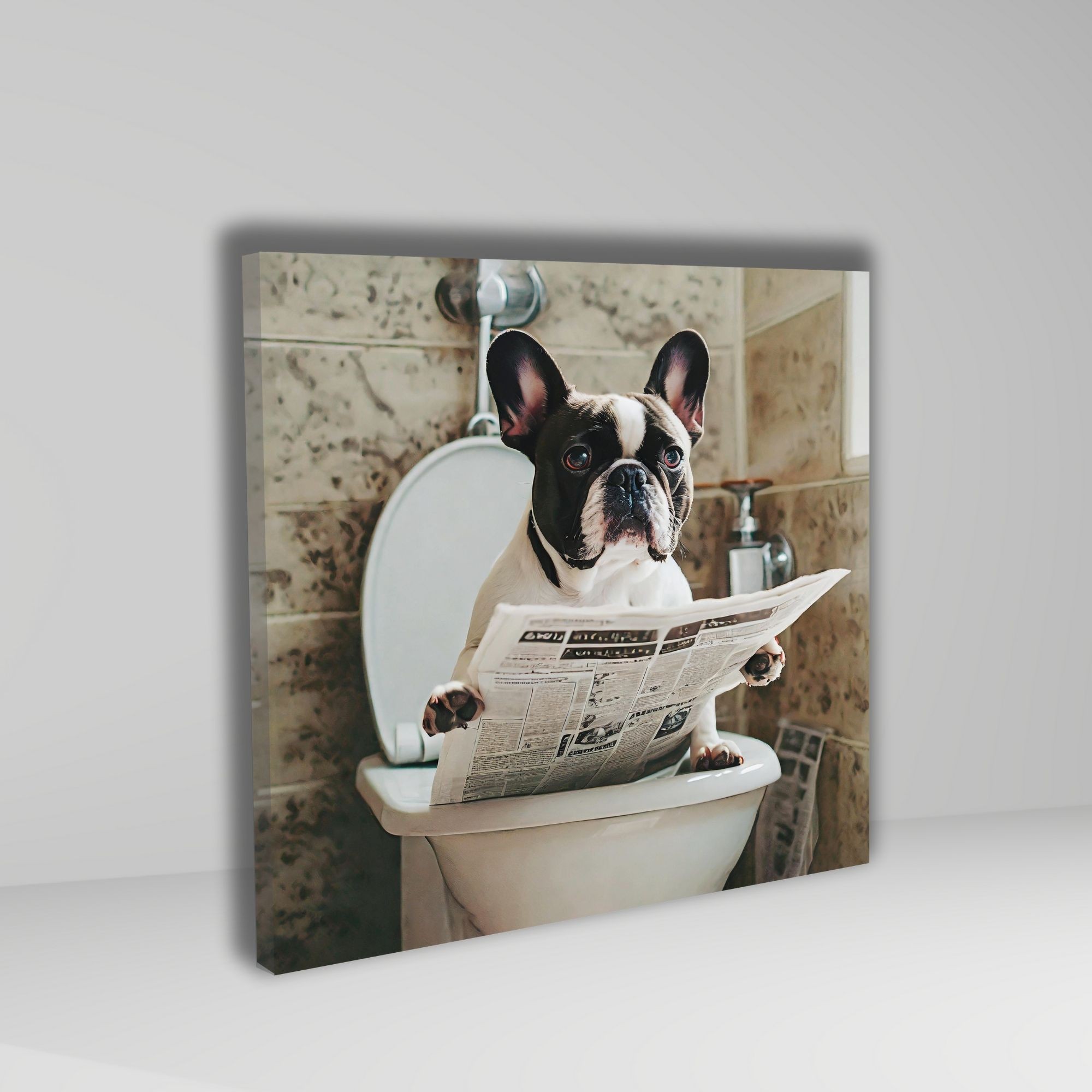 Tekli Kare Kanvas Banyo Tablosu Gazete Okuyan Siyah French Bulldog Köpek