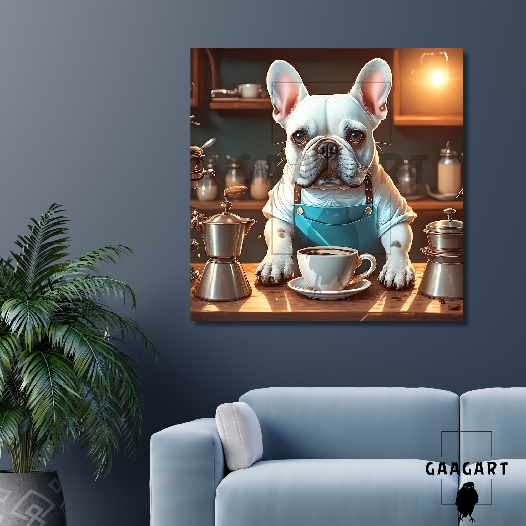 Kare Kanvas Kahve Köşesi Cafe Tablosu Barista Beyaz French Bulldog