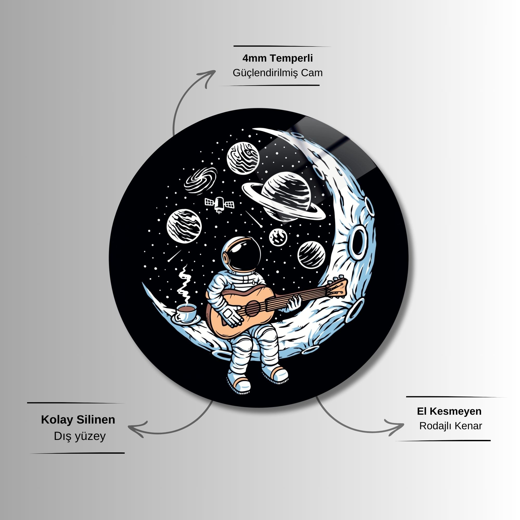 Yuvarlak Temperli Gerçek Cam Tablo Gitar Çalan Astronot