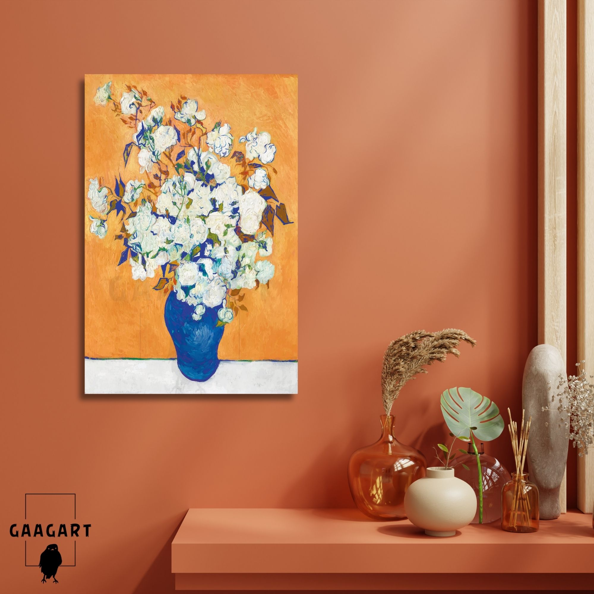 Tekli Dikey Kanvas Tablo Ünlü Eserler Van Gogh Vazoda Beyaz Güller