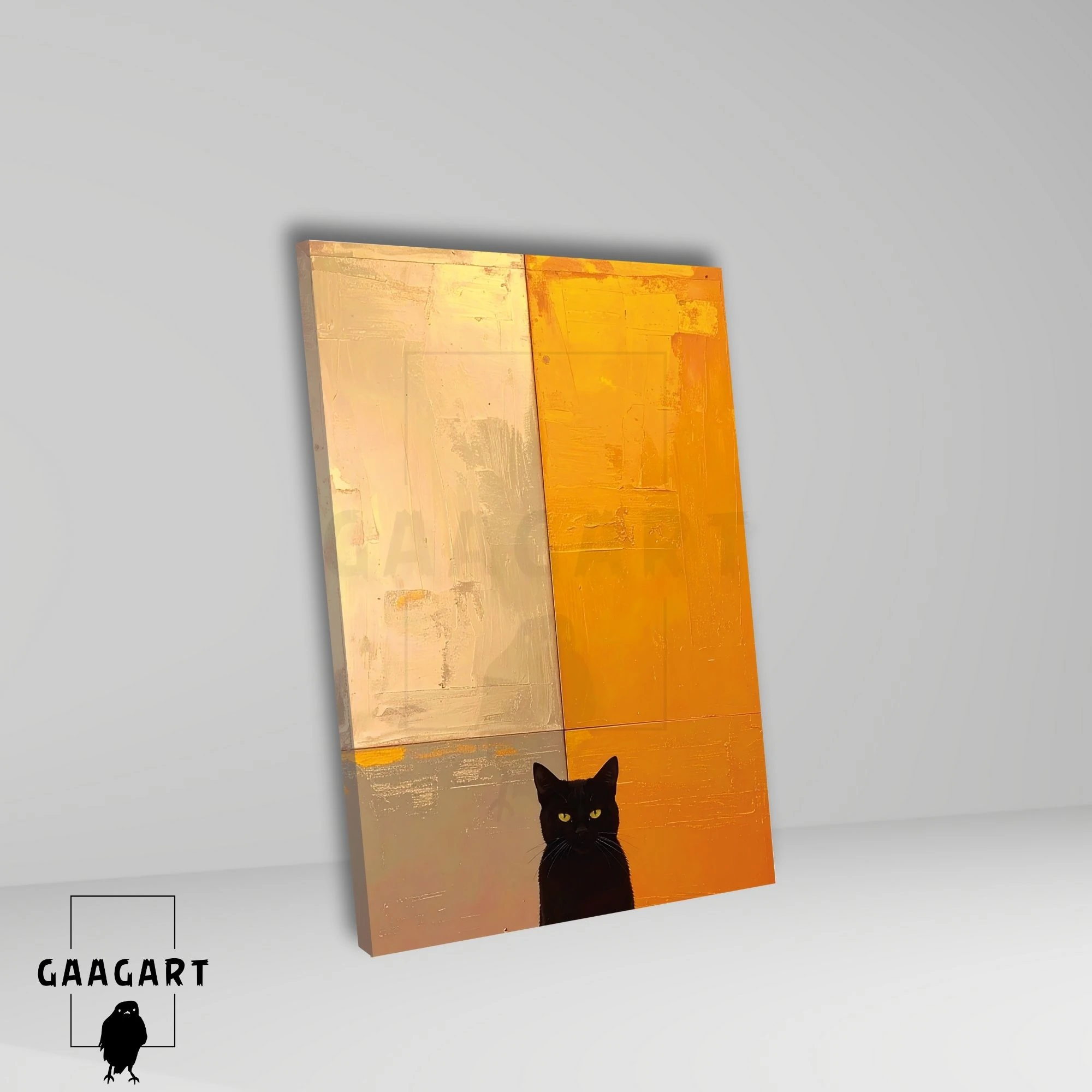 Tekli Dikey Kanvas Tablo Soyut Sanatsal Turuncu ve Kara Kedi