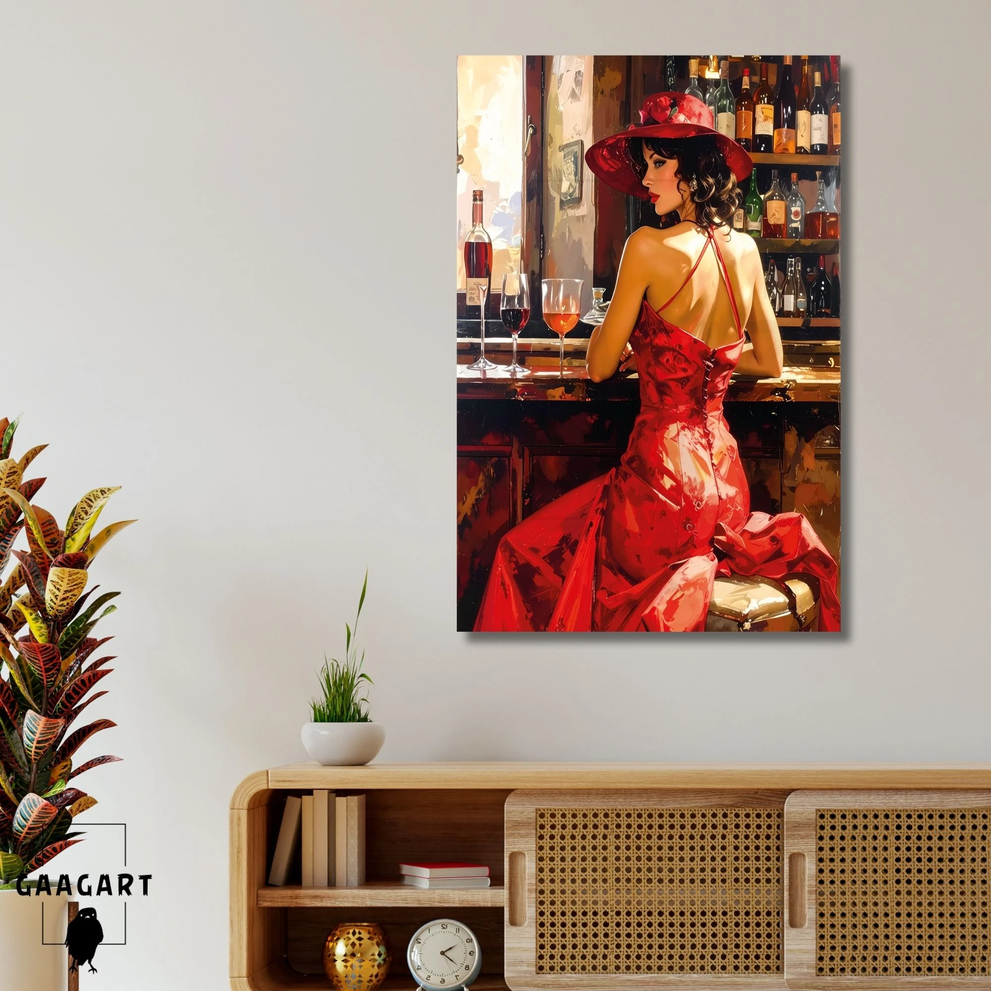 Tekli Dikey Kanvas Tablo Yağlı Boya Görünümlü Barda Kadın