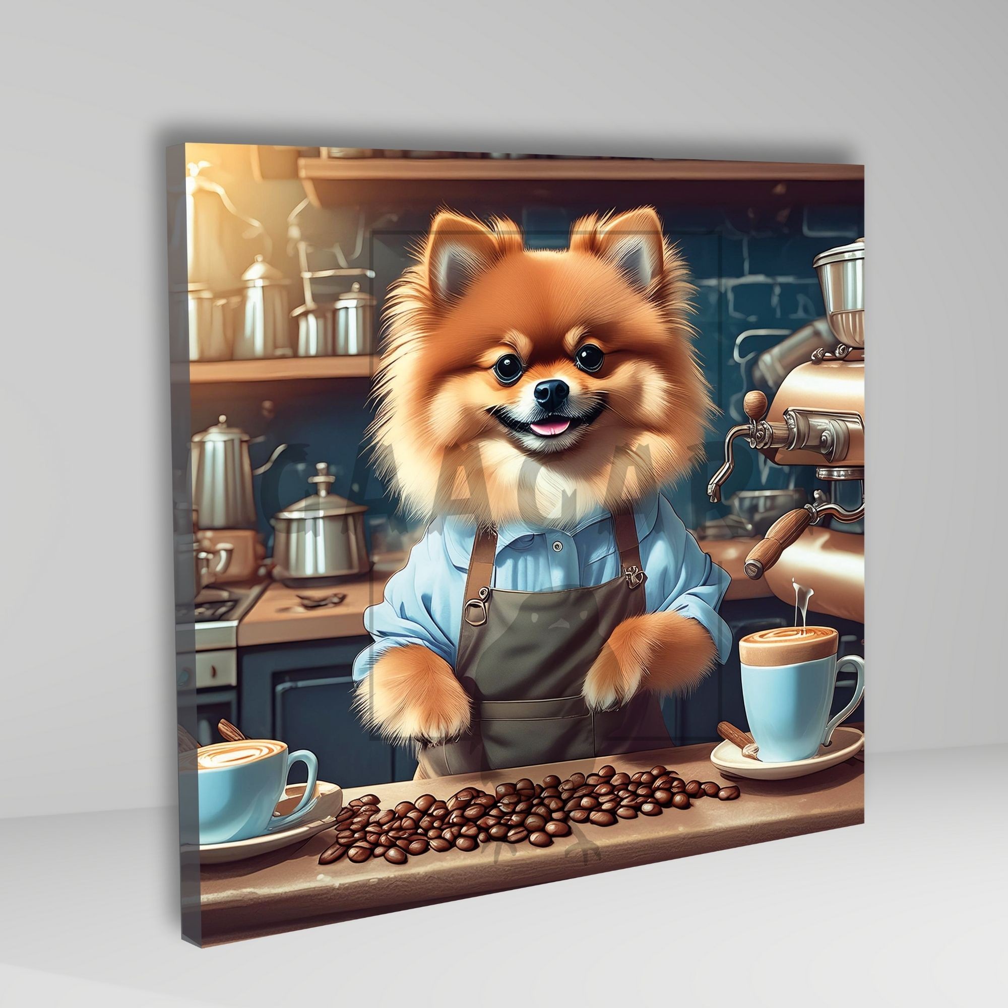 Kare Kanvas Kahve Köşesi Cafe Tablosu Barista Pomeranian Köpek