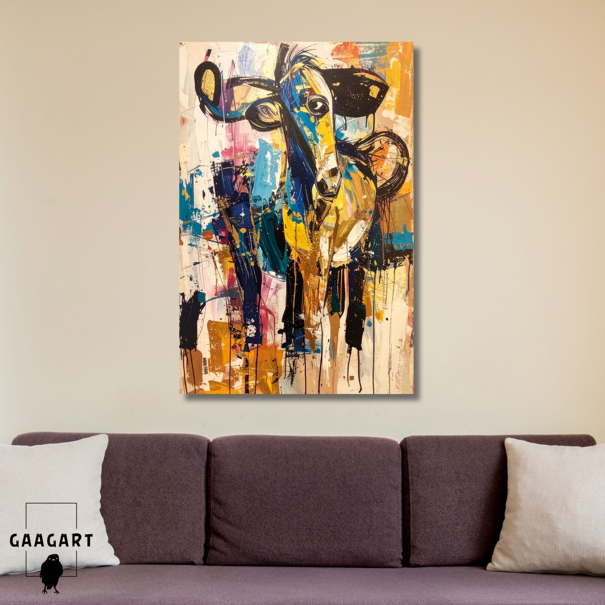 Tekli Dikey Kanvas Tablo Renkli Sanatsal İnek