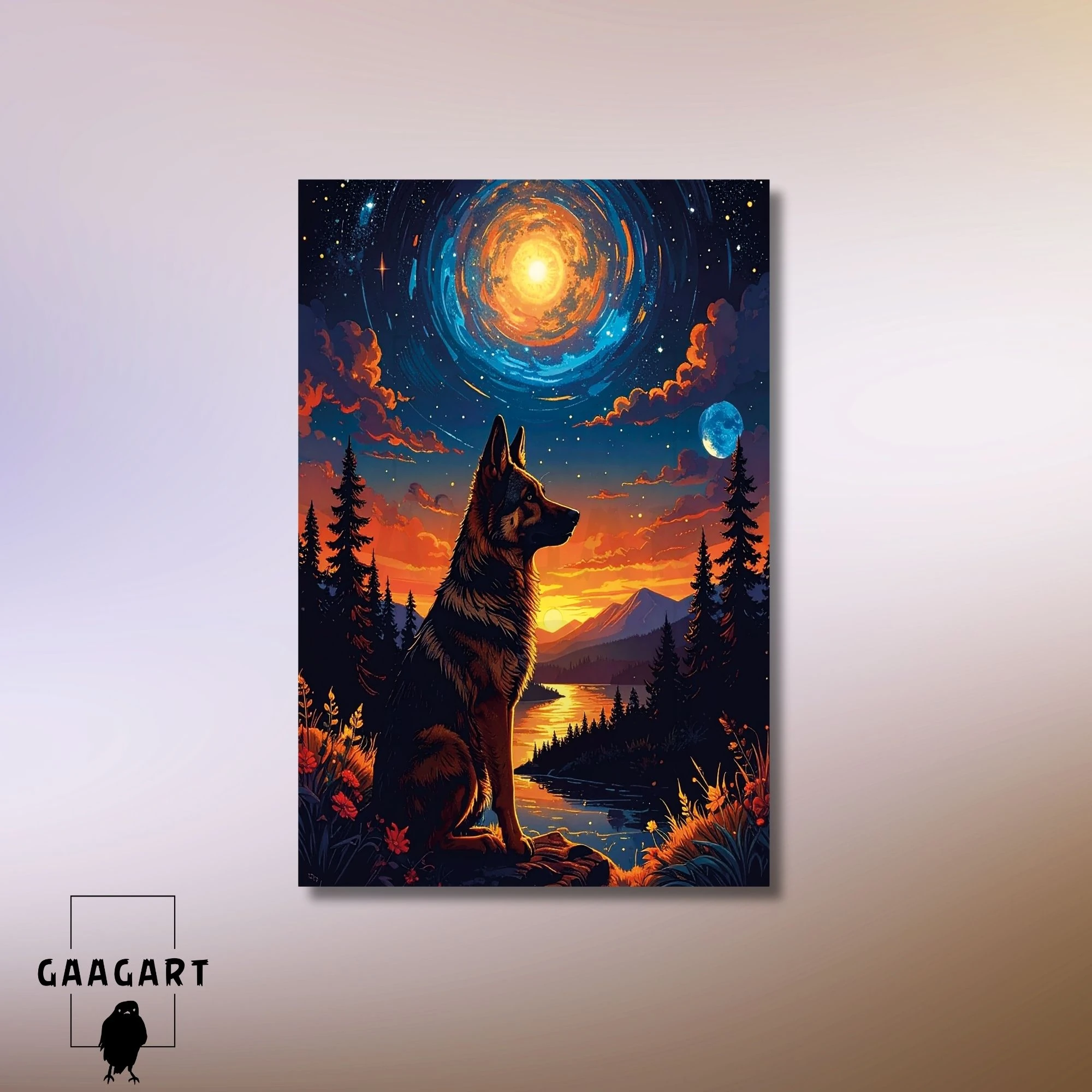 Tekli Dikey Kanvas Tablo Gün Batımı Ve Gece Dolunayda Kurt