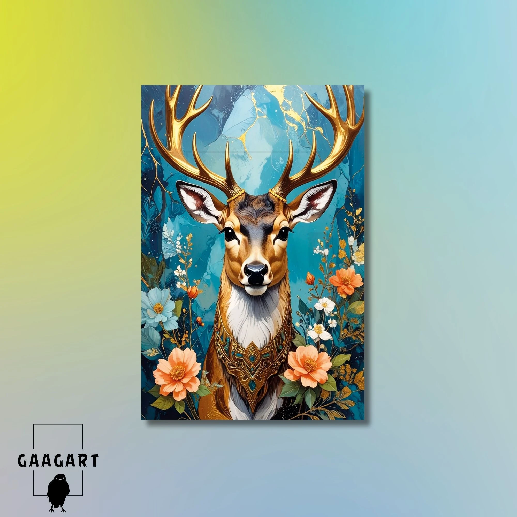 Tekli Dikey Kanvas Tablo Çiçekler Mavi Fon Ve Geyik Portresi