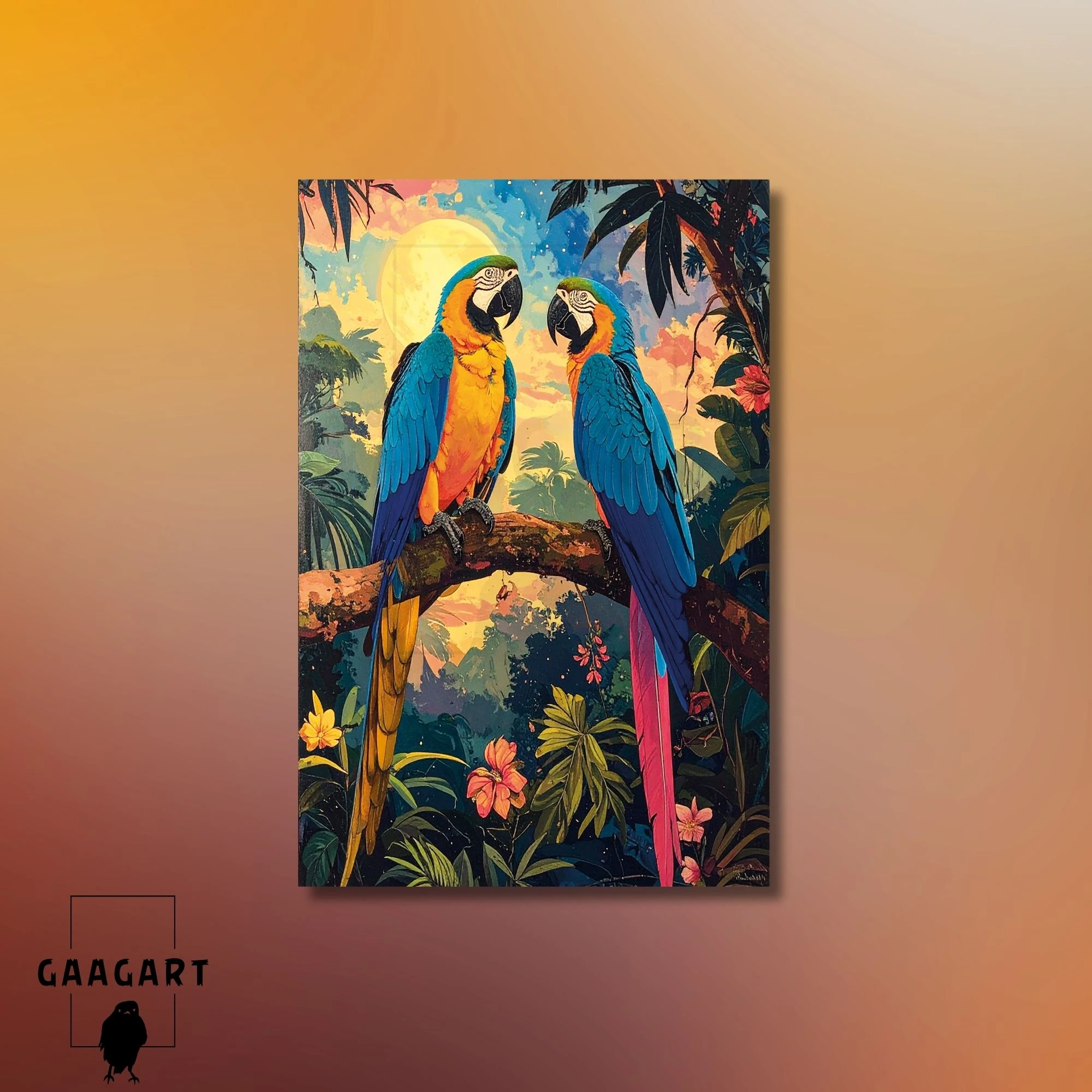 Tekli Dikey Kanvas Tablo Ağaç Dalında İki Papağan Renkli