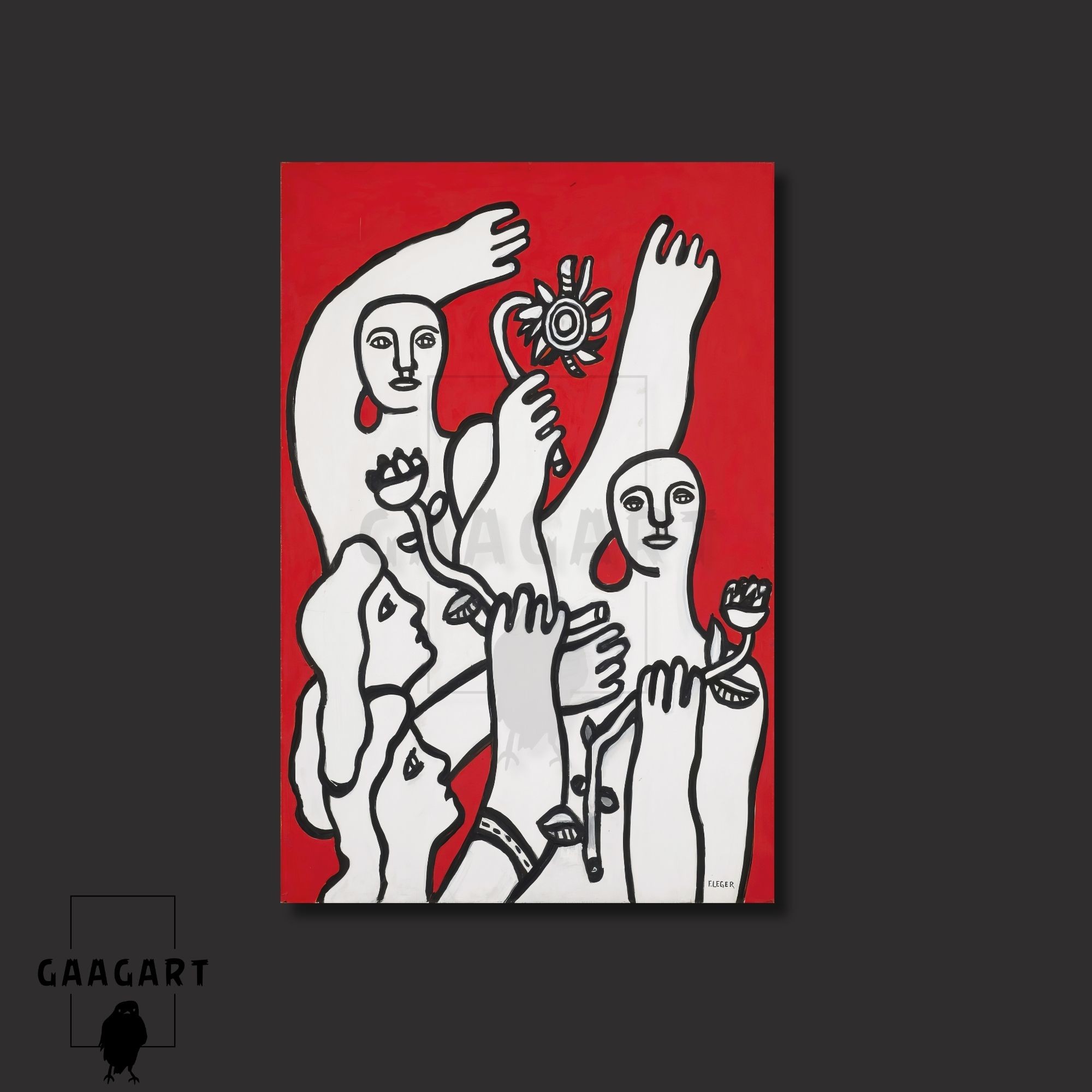 Tekli Dikey Kanvas Tablo Ünlü Eserler Fernand Leger La Joie Fond Rouge