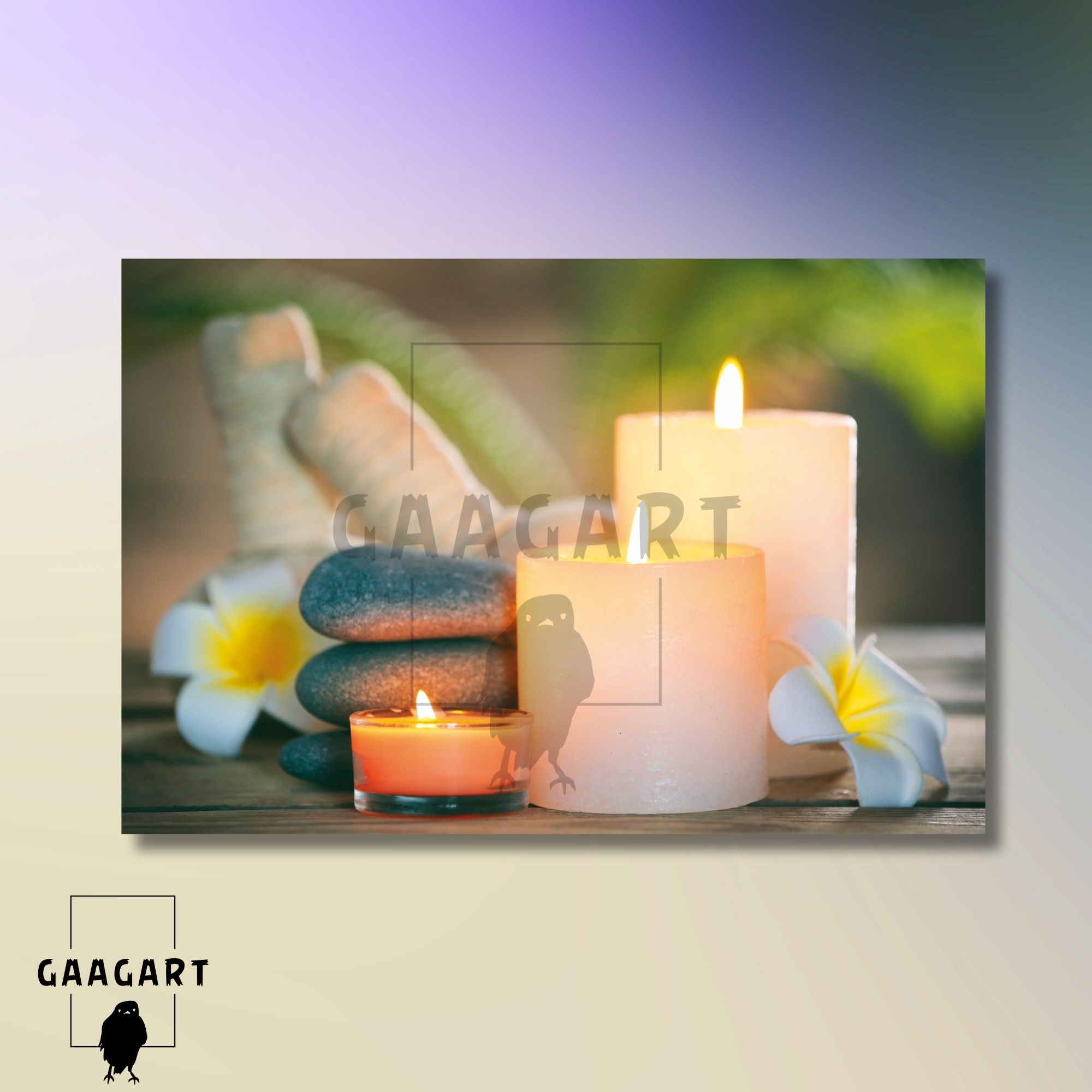 Tekli Yatay Kanvas Duvar Tablosu Sarı Çiçek ve Mum Spa Merkezi