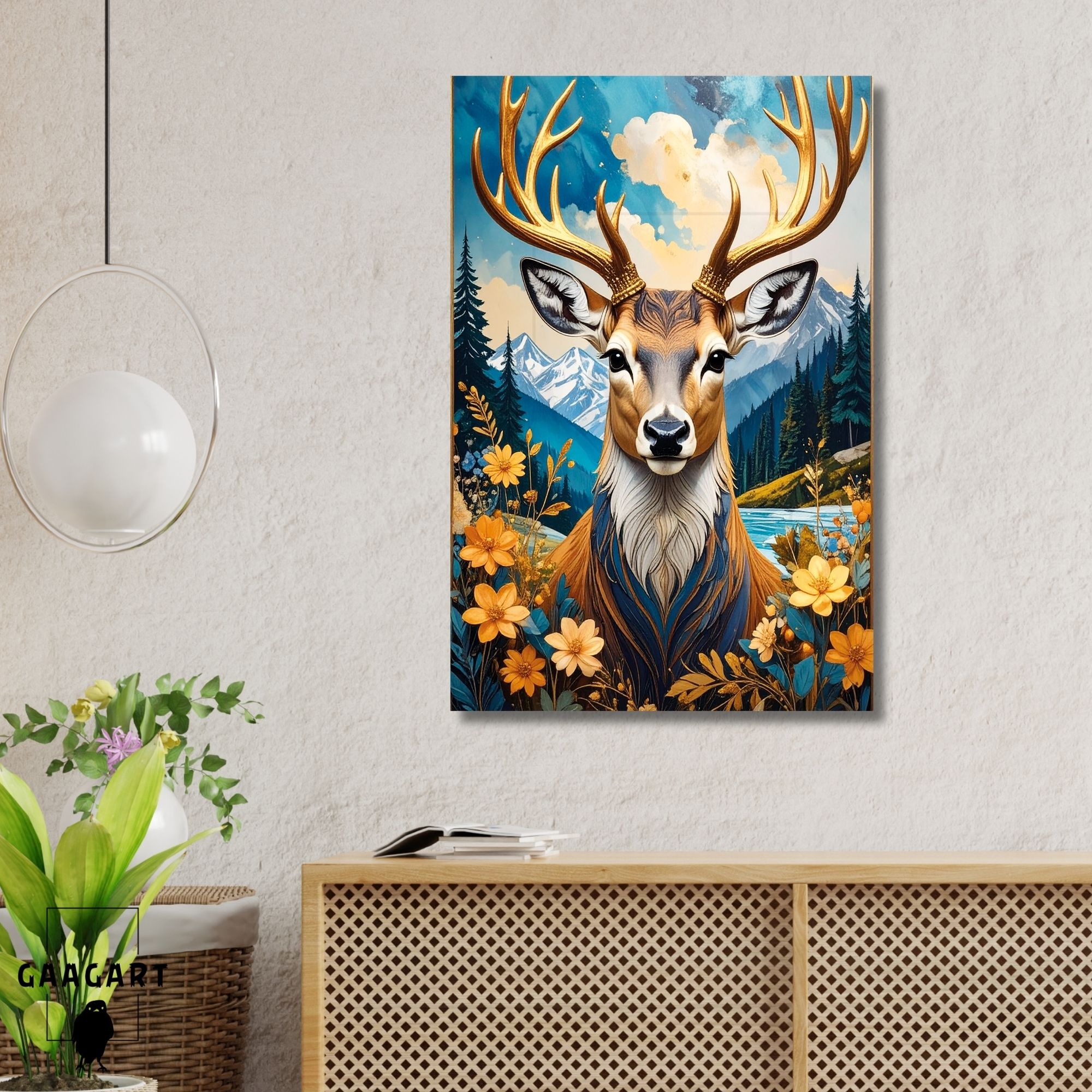 Tekli Dikey Kanvas Tablo Çiçekler ve Manzarada Geyik