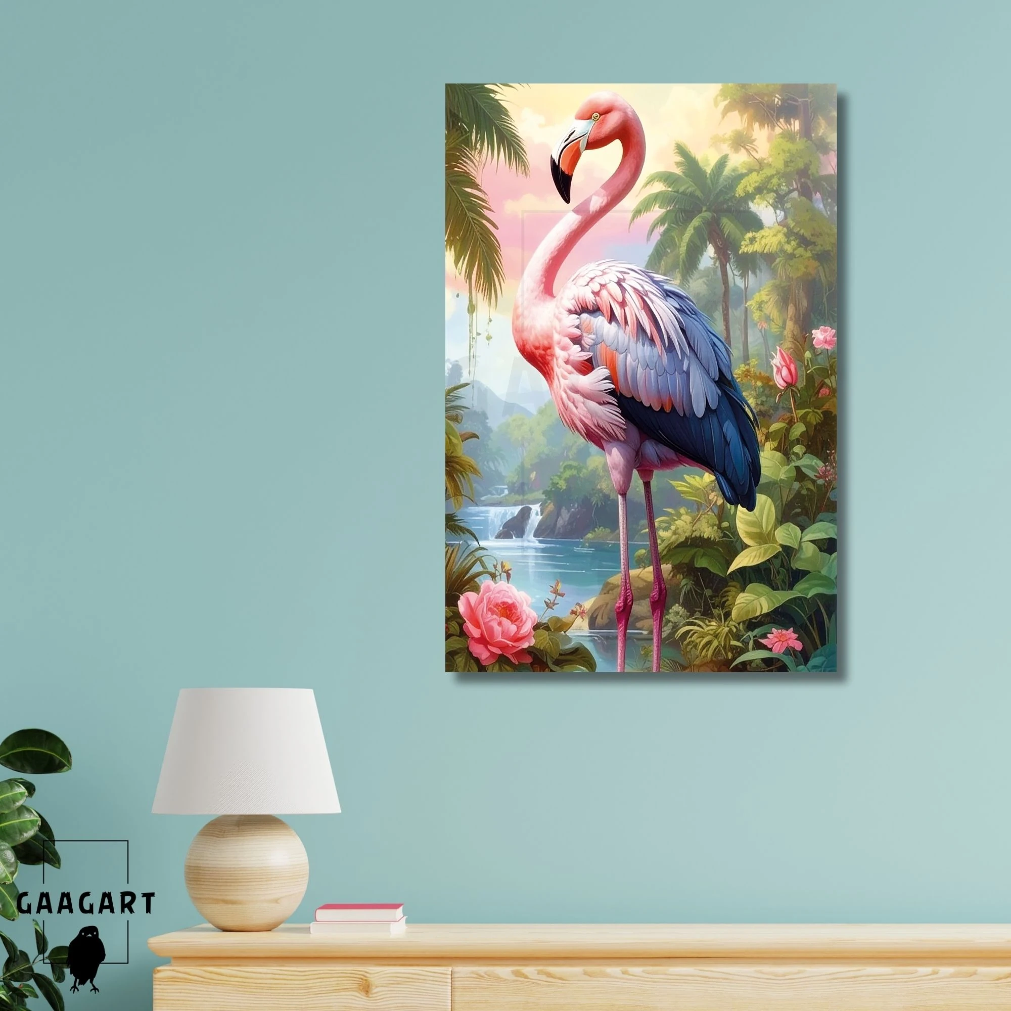 Tekli Dikey Kanvas Tablo Yüksek Kaliteli Renkli Flamingo Ve Gül