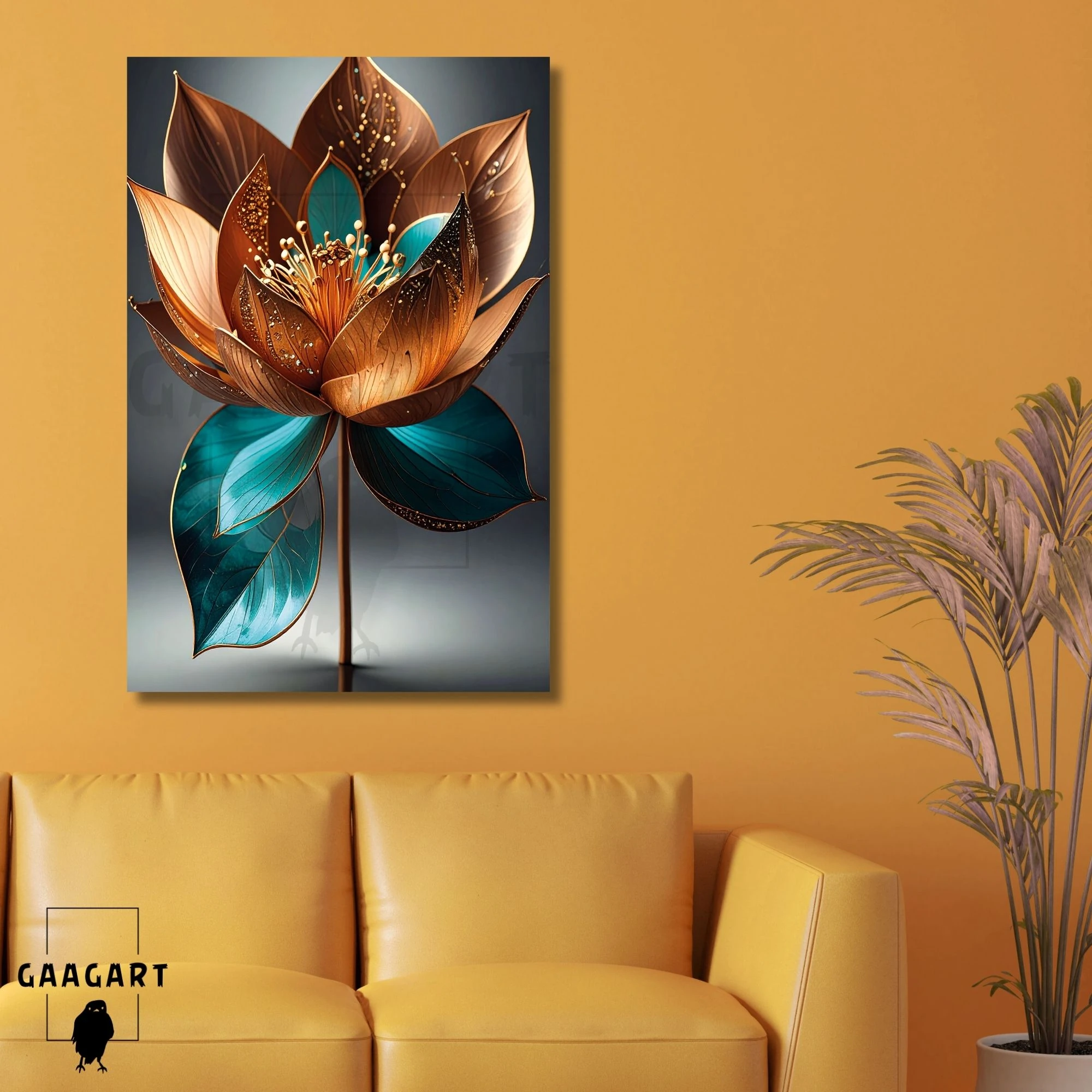 Tekli Dikey Kanvas Tablo Bakır Turkuaz Lotus Çiçeği