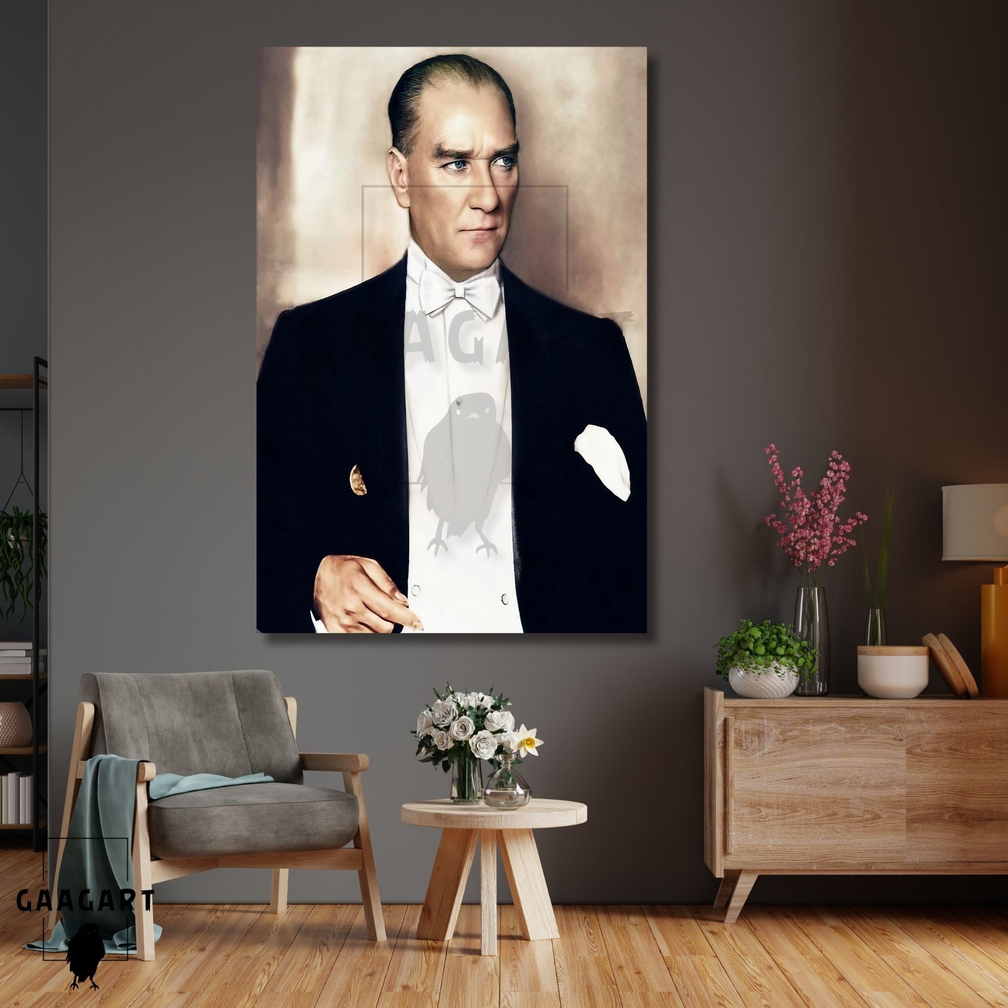 Tekli Dikey Kanvas Duvar Tablosu Beyaz Papyonlu Atatürk